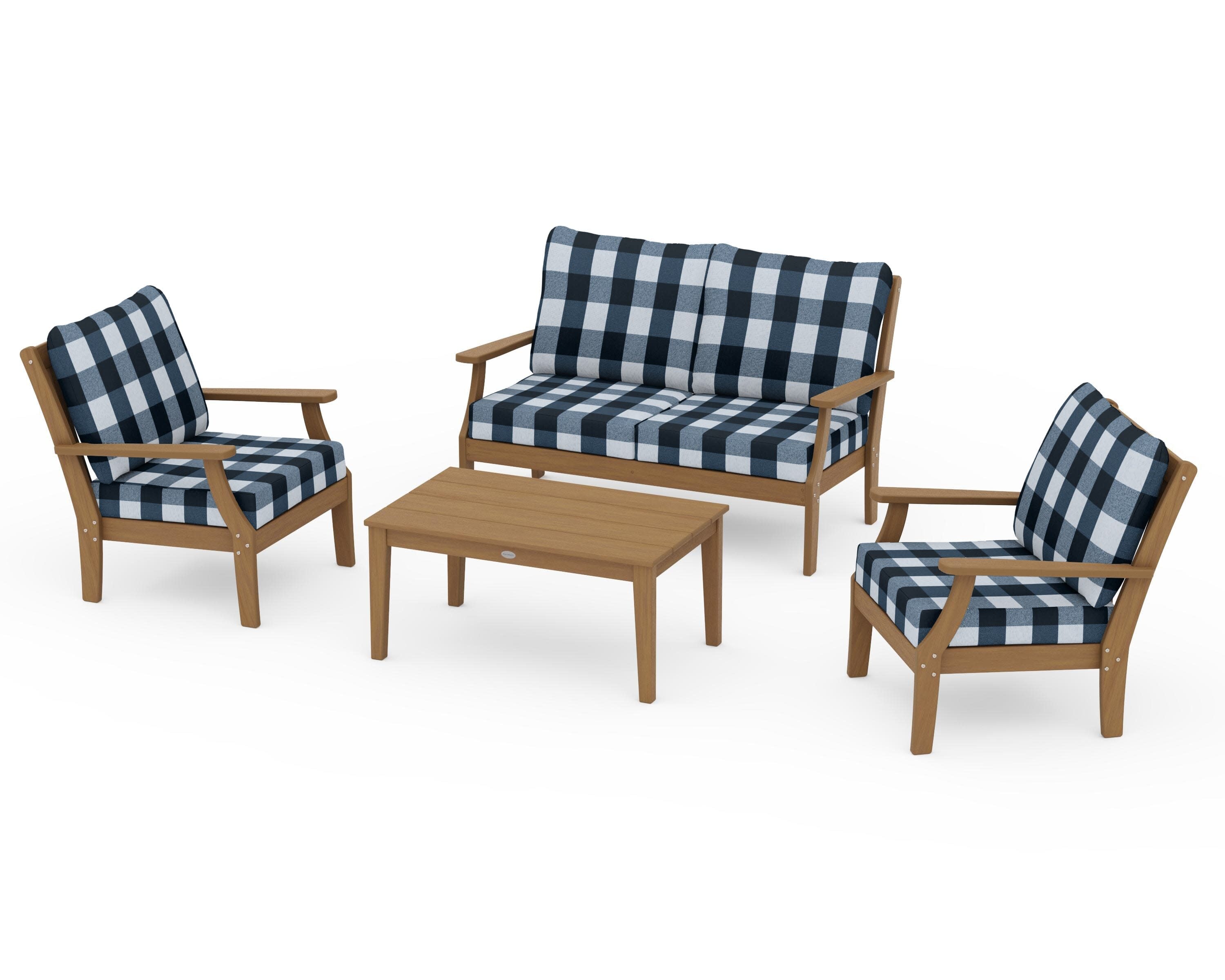 Braxton 4-Piece Deep Seating Chair Set in Natural / Buffalo Plaid Marine Indigo