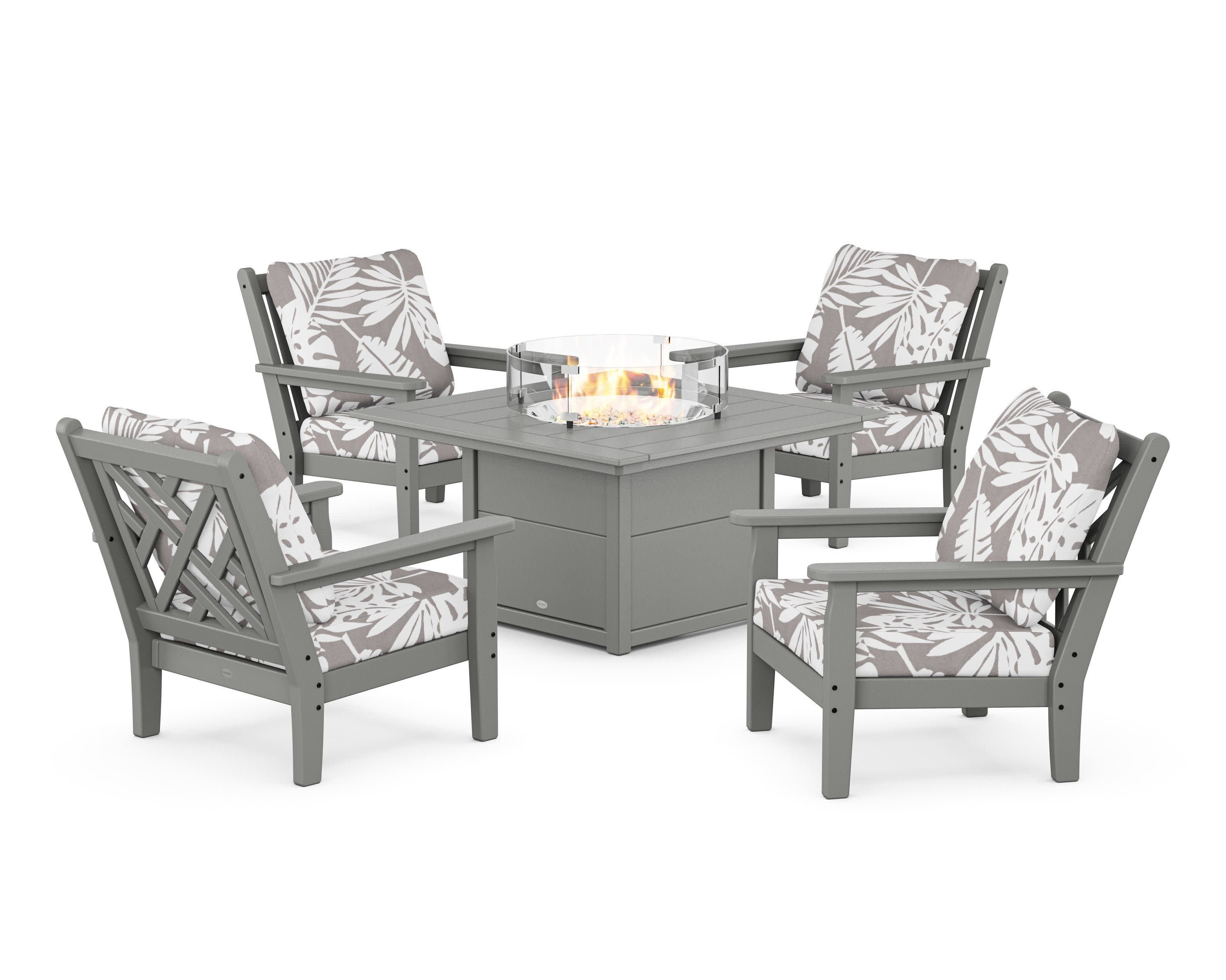 Chippendale 5-Piece Deep Seating Set with Fire Pit Table in Slate Grey / Leaf Grey Mist
