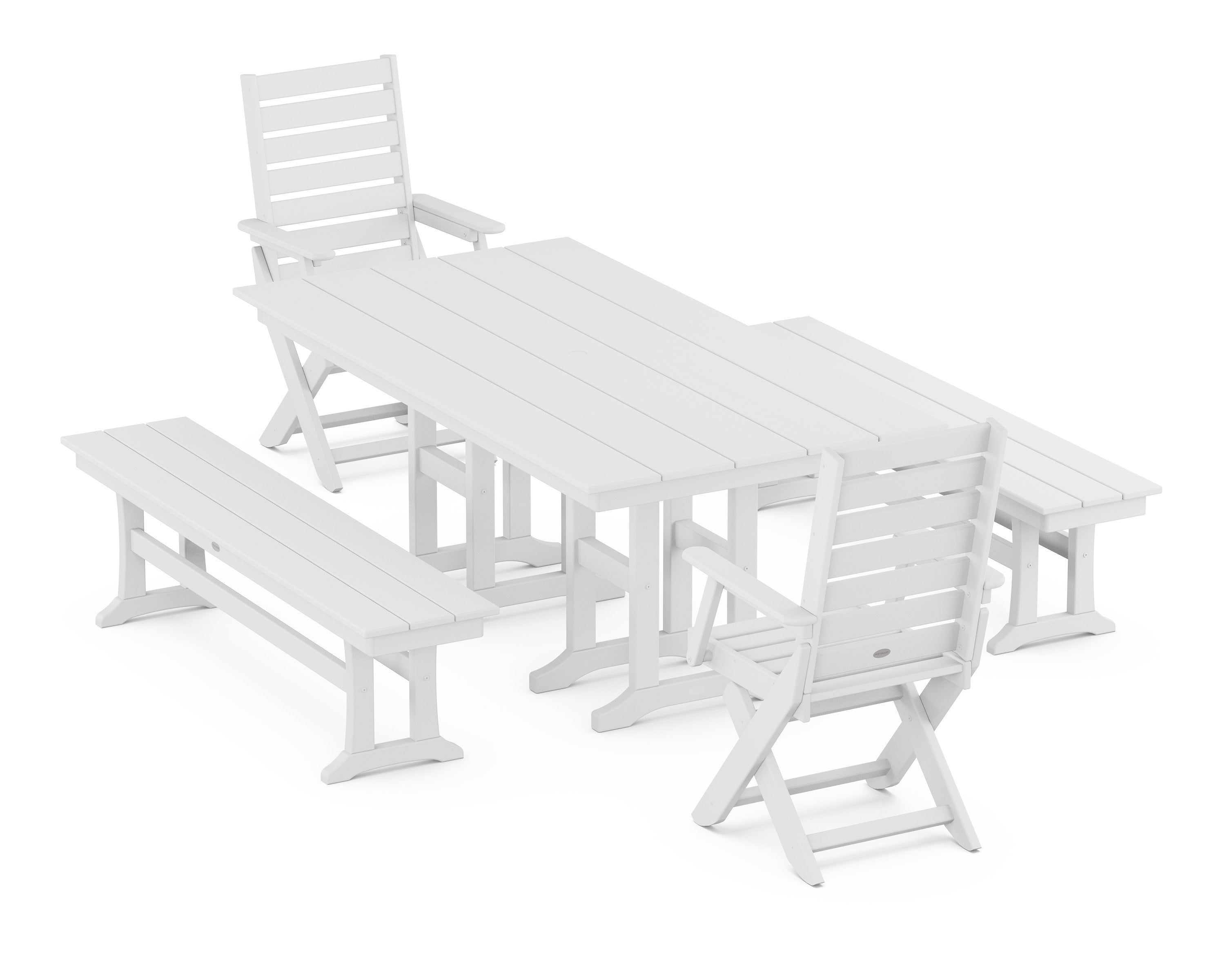 Captain Folding Chair 5-Piece Farmhouse Dining Set with Benches in White