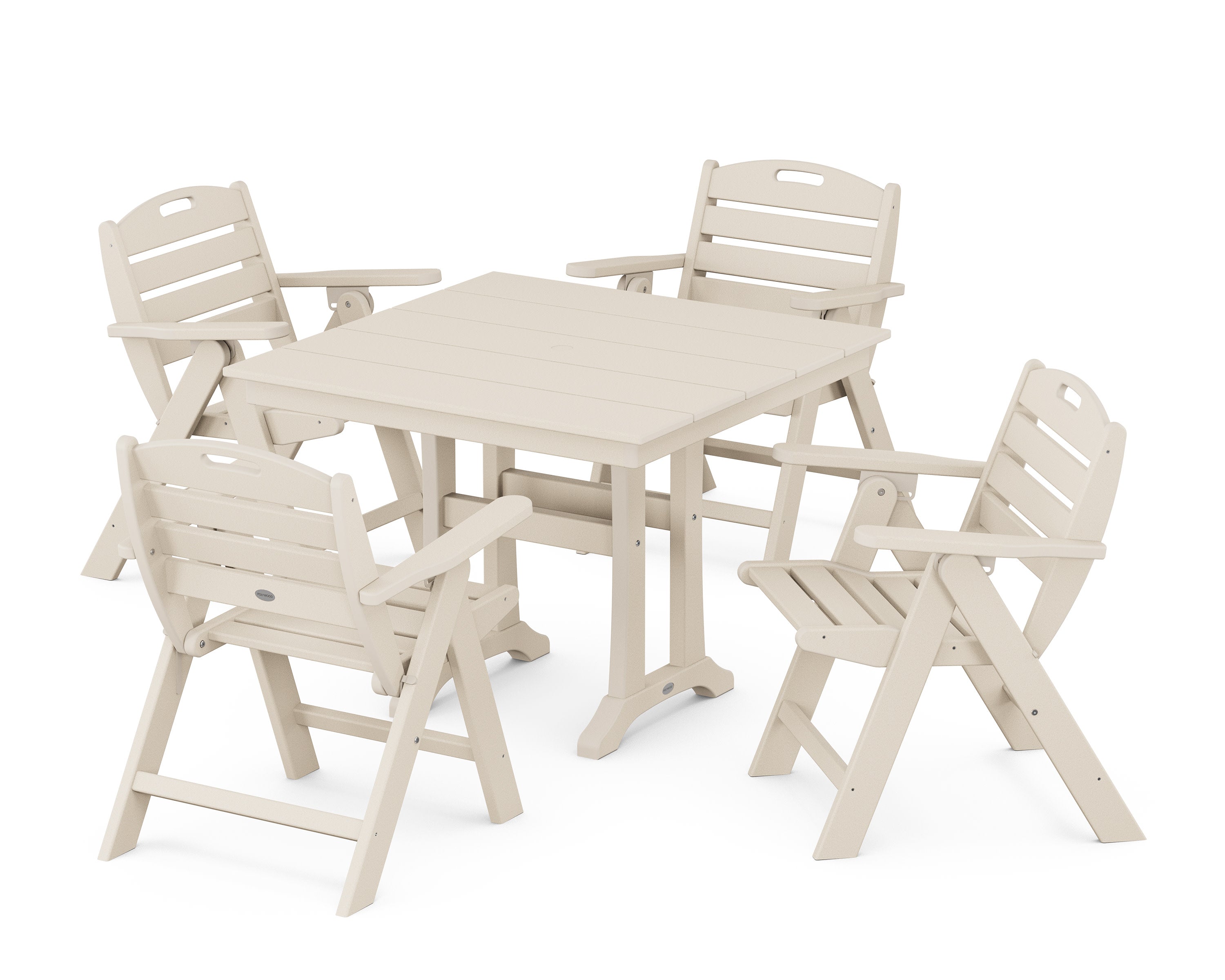 Nautical Folding Lowback Chair 5-Piece Farmhouse Dining Set With Trestle Legs in Sand