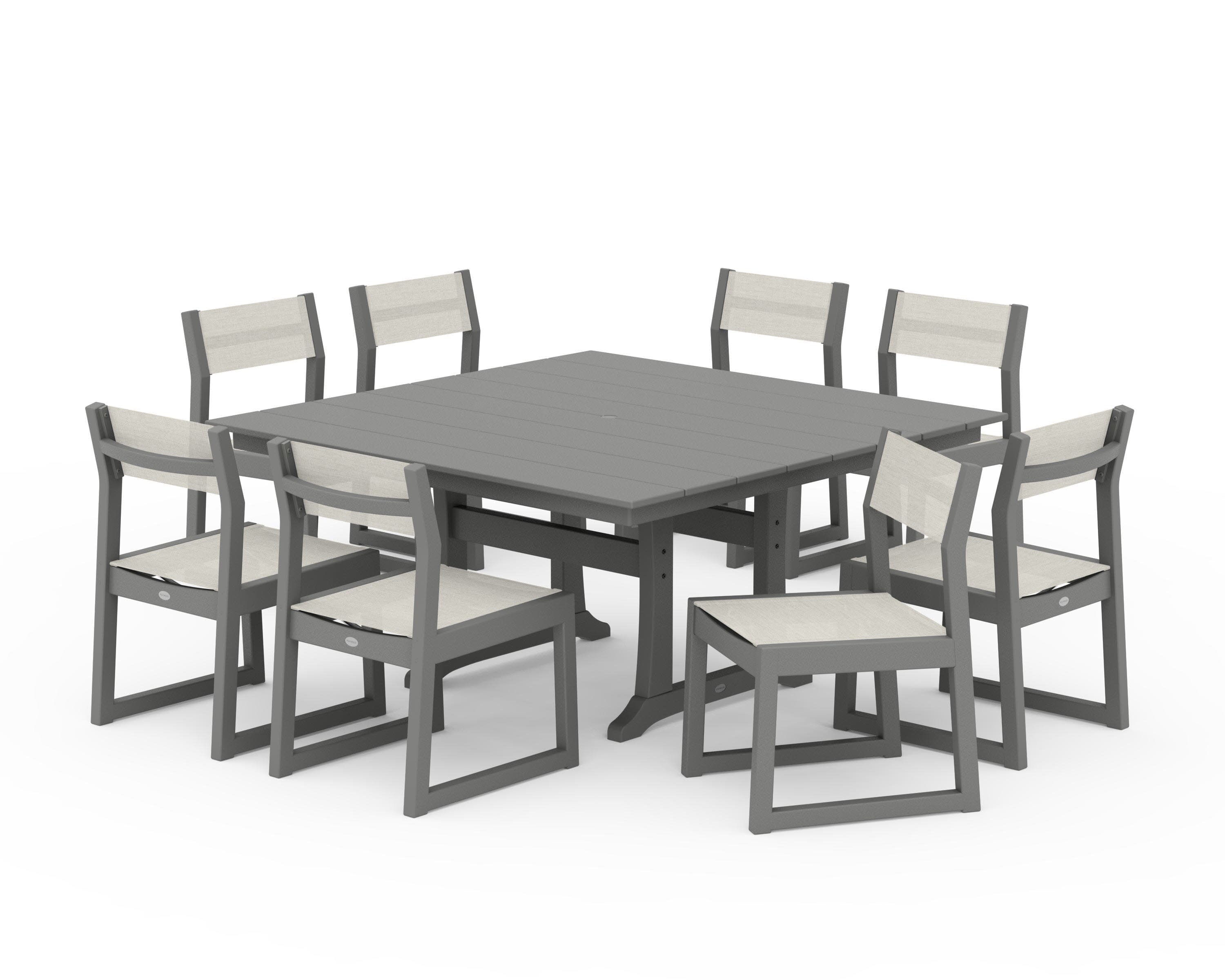 EDGE Sling Side Chair 9-Piece Farmhouse Trestle Dining Set in Slate Grey / Parchment Sling