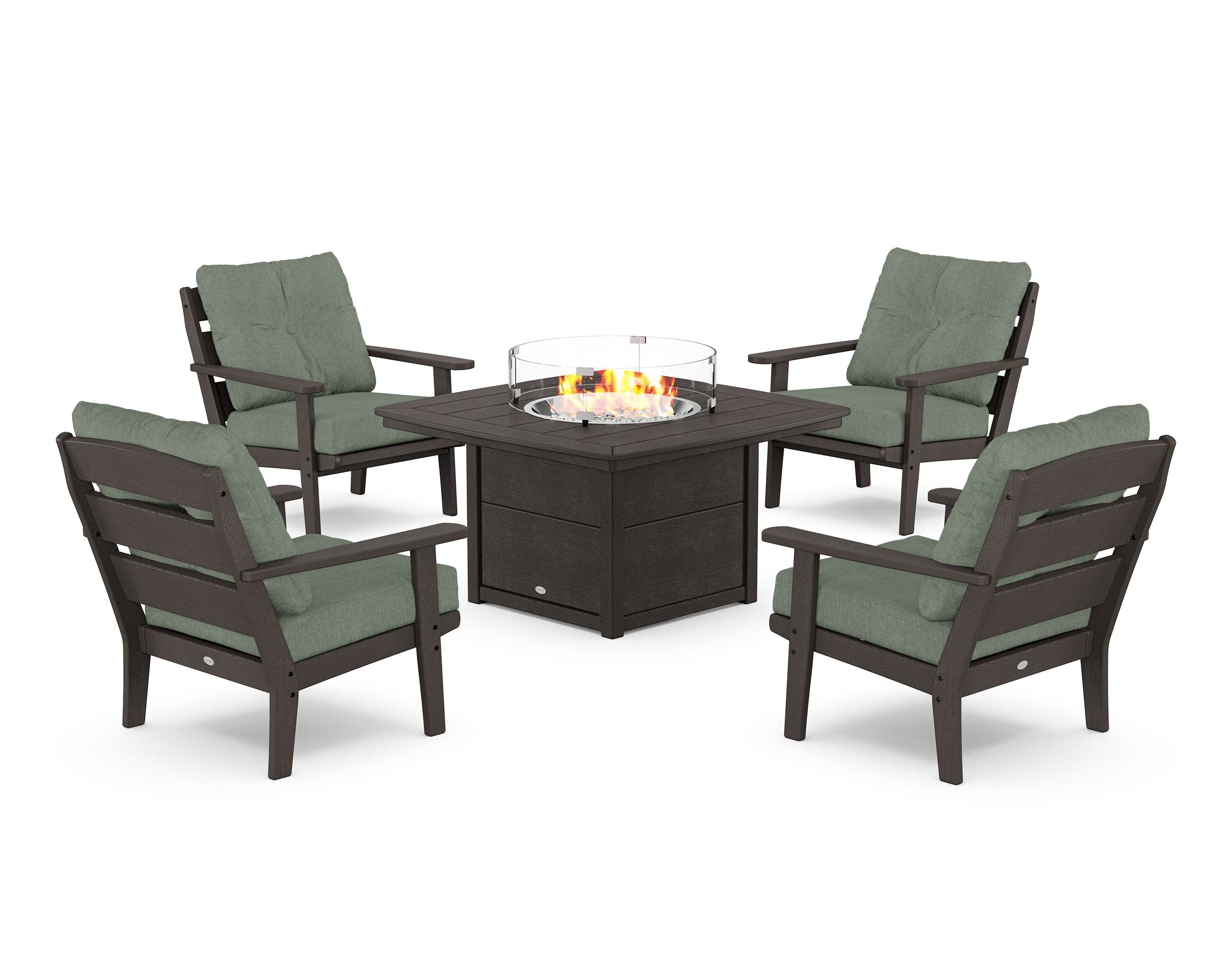 Lakeside 5-Piece Deep Seating Set with Nautical Fire Pit Table in Vintage Coffee / Cast Sage