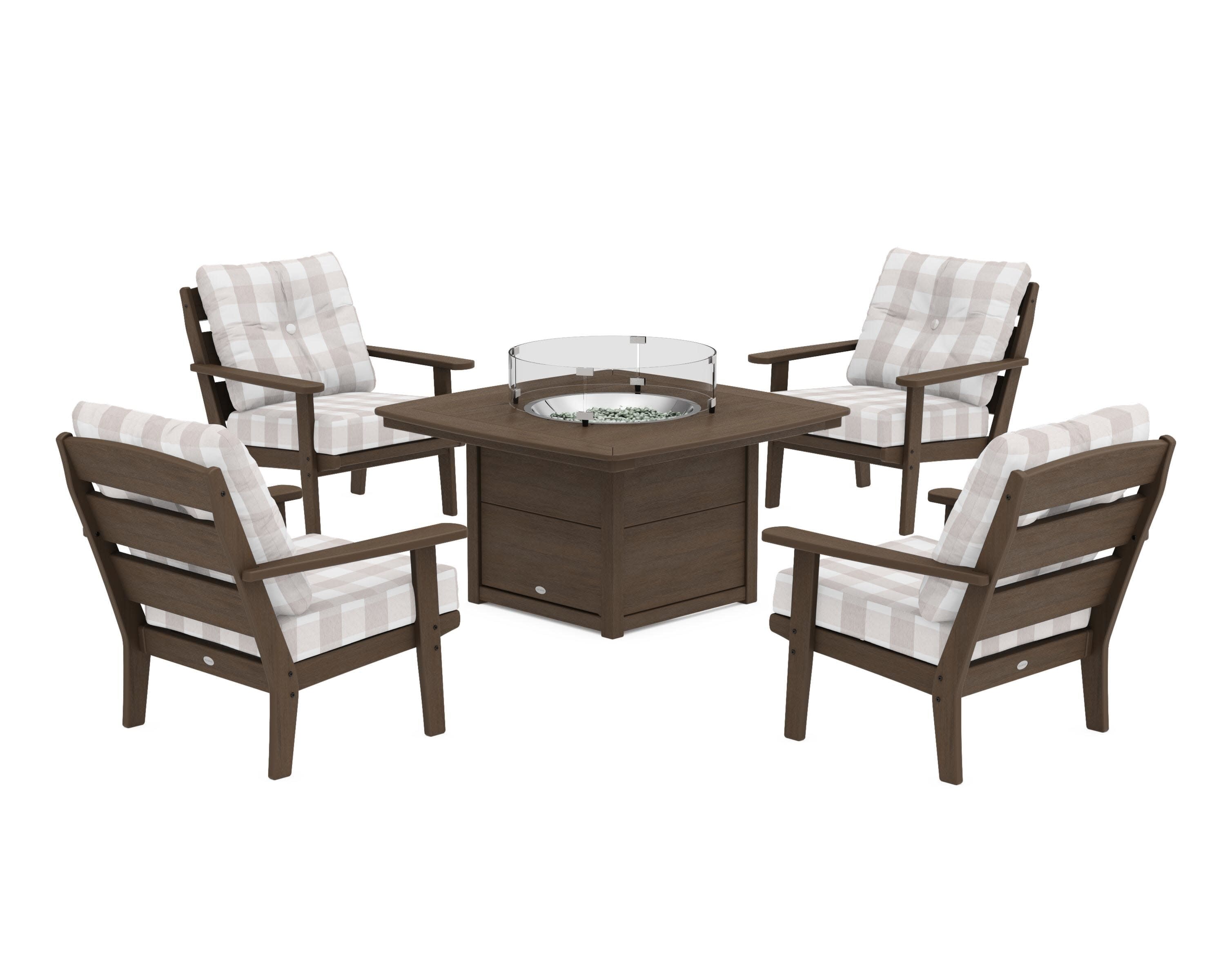 Lakeside 5-Piece Deep Seating Set with Nautical Fire Pit Table in Kona / Buffalo Plaid Dune Burlap