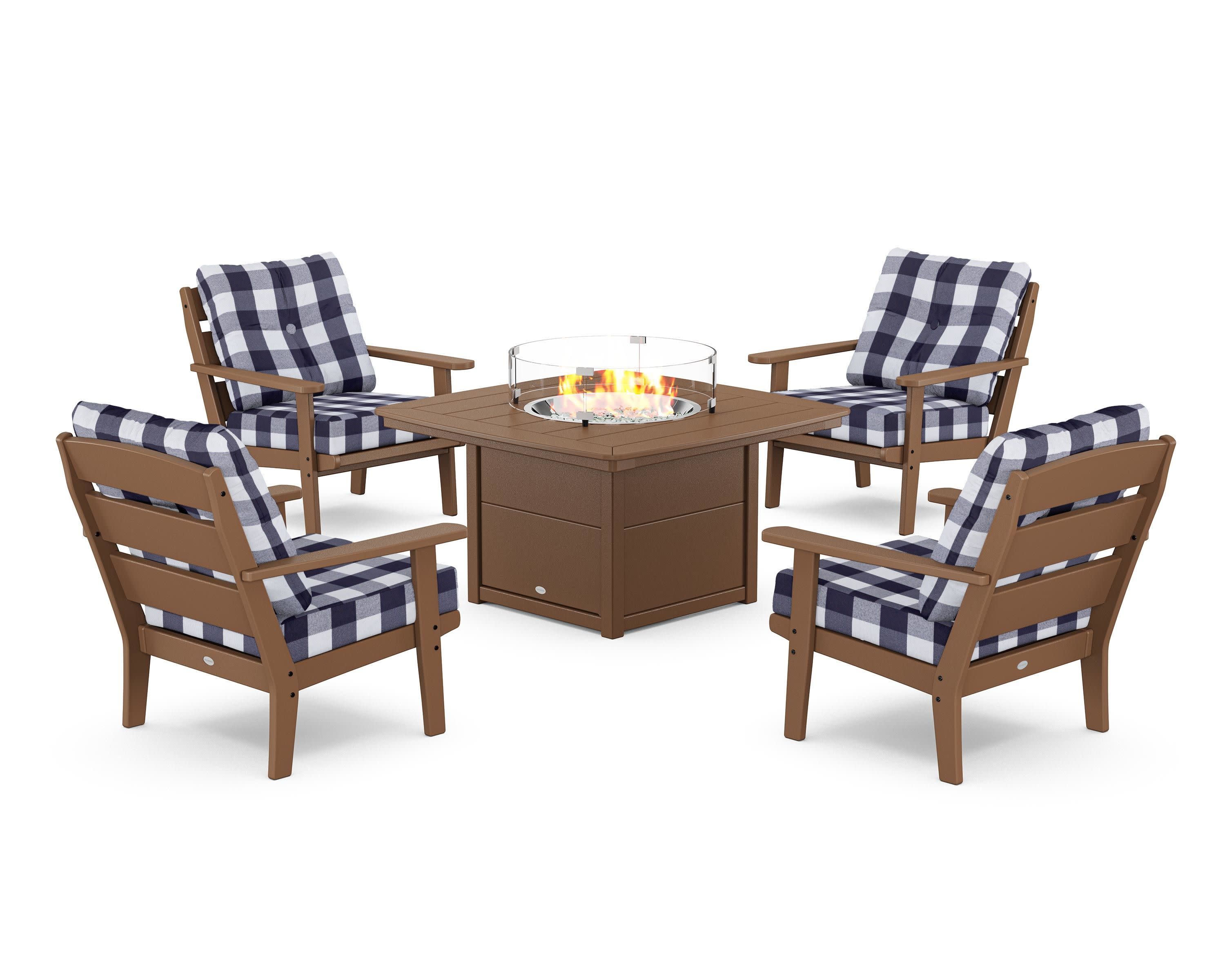 Lakeside 5-Piece Deep Seating Set with Nautical Fire Pit Table in Teak / Buffalo Plaid Navy