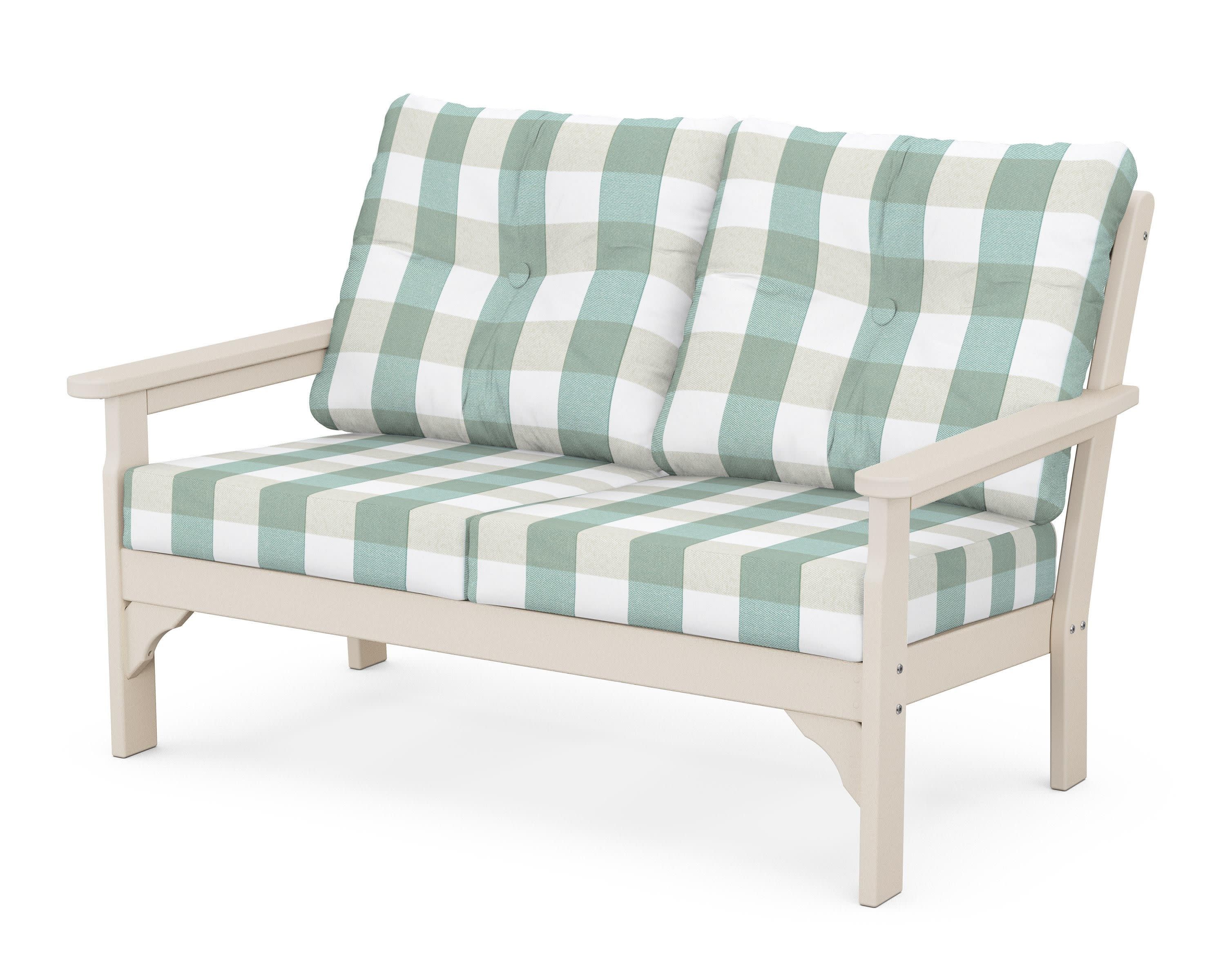 Vineyard Deep Seating Loveseat in Sand / Buffalo Plaid Glacier Spa