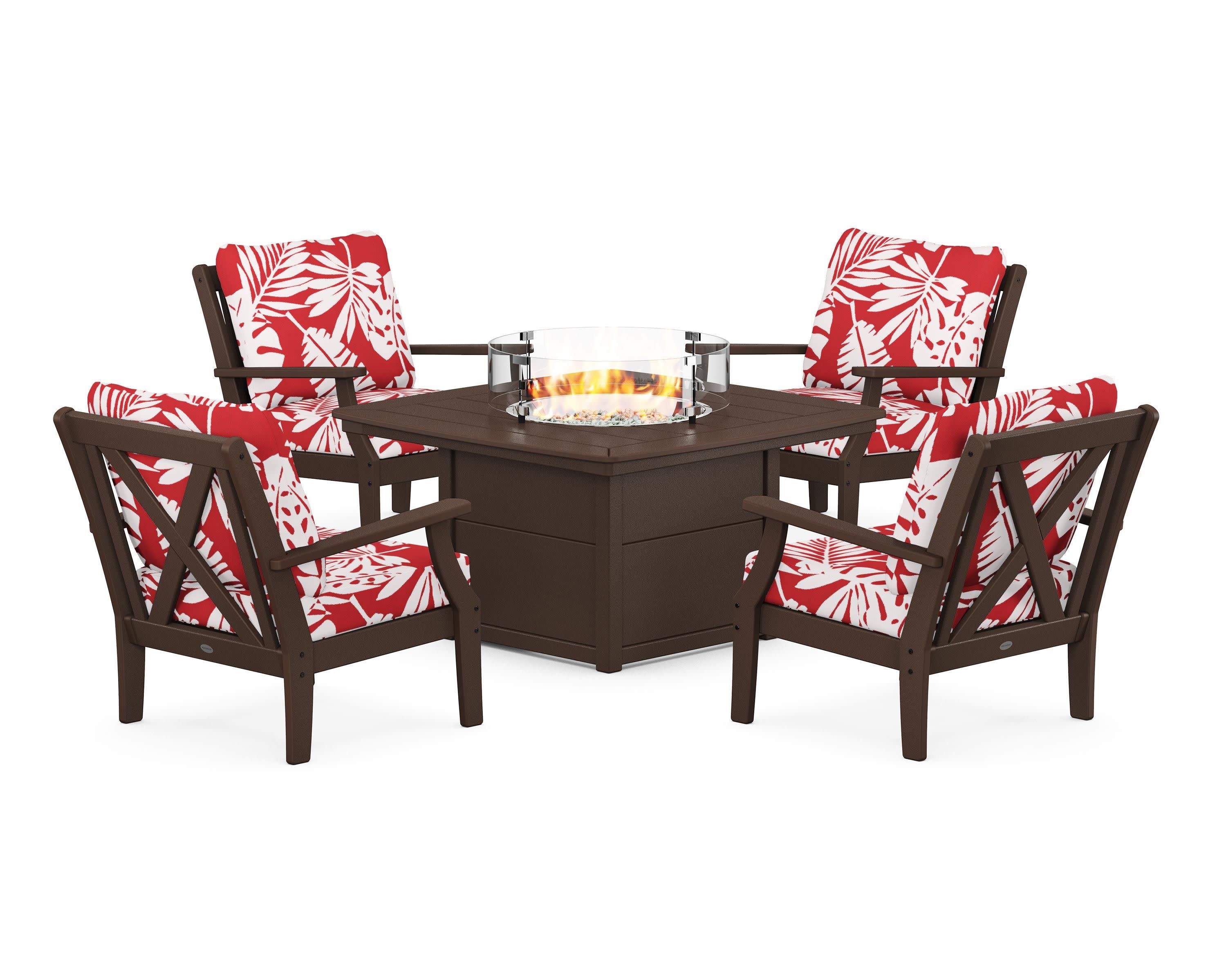 Braxton 5-Piece Deep Seating Conversation Set with Fire Pit Table in Mahogany / Leaf Crimson