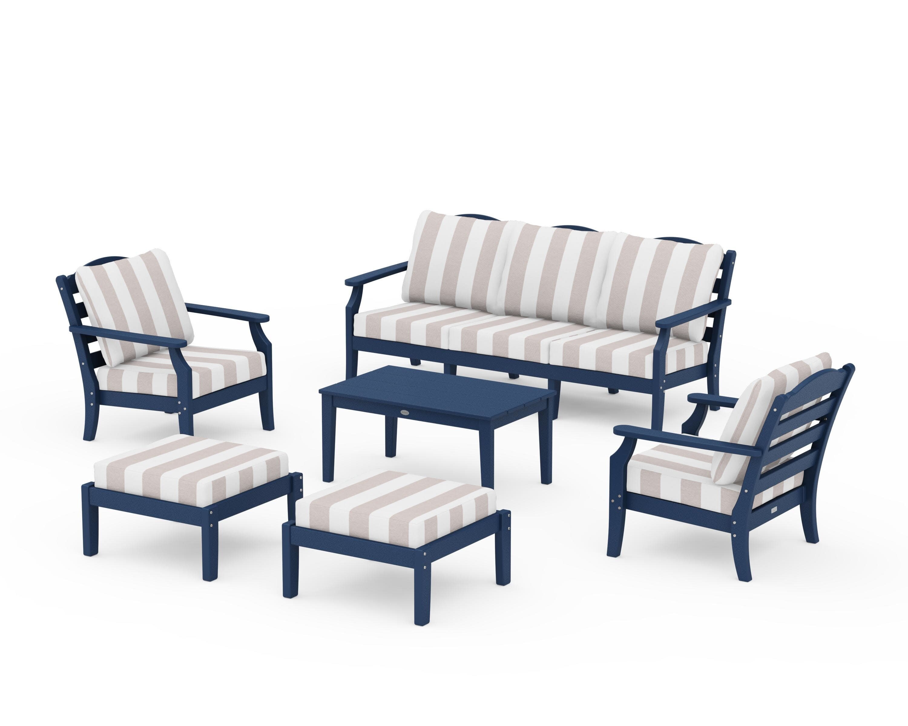 Savannah 6-Piece Lounge Sofa Set in Navy / Cabana Stripe Dune Burlap