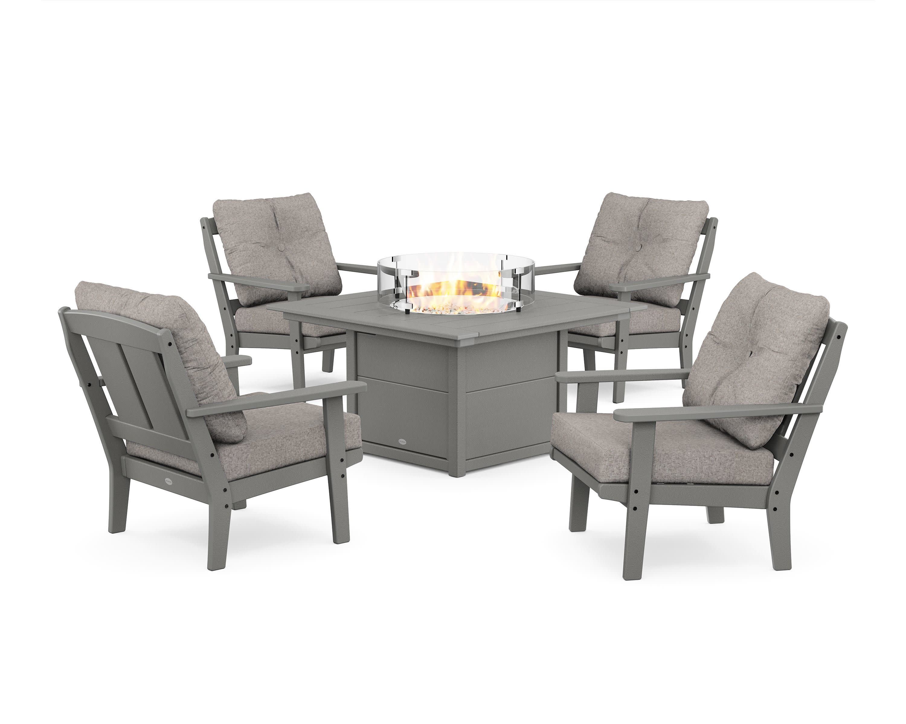 Mission 5-Piece Deep Seating Set with Fire Pit Table in Slate Grey / Weathered Tweed