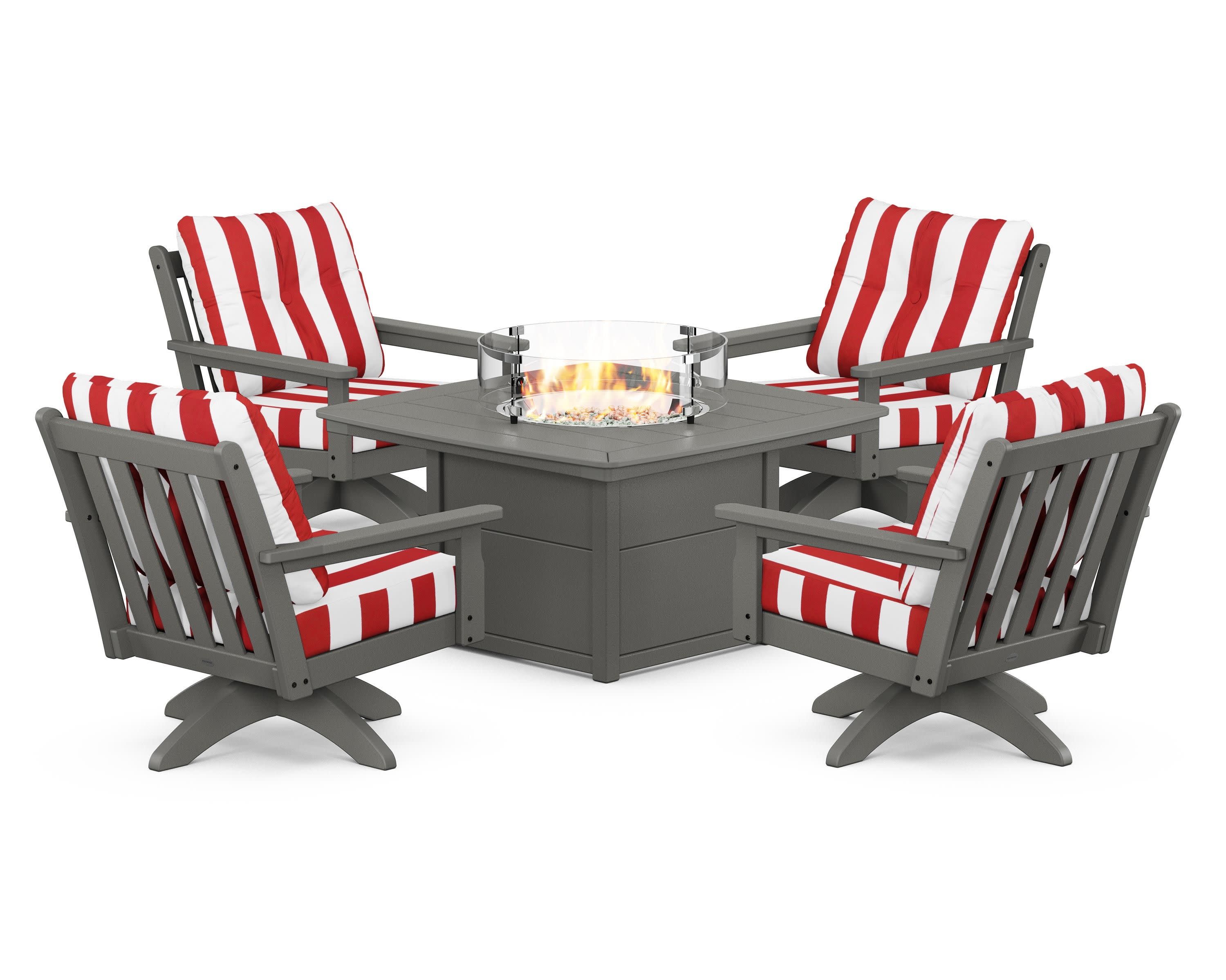 Vineyard 5-Piece Deep Seating Swivel Conversation Set with Fire Pit Table in Slate Grey / Cabana Stripe Crimson