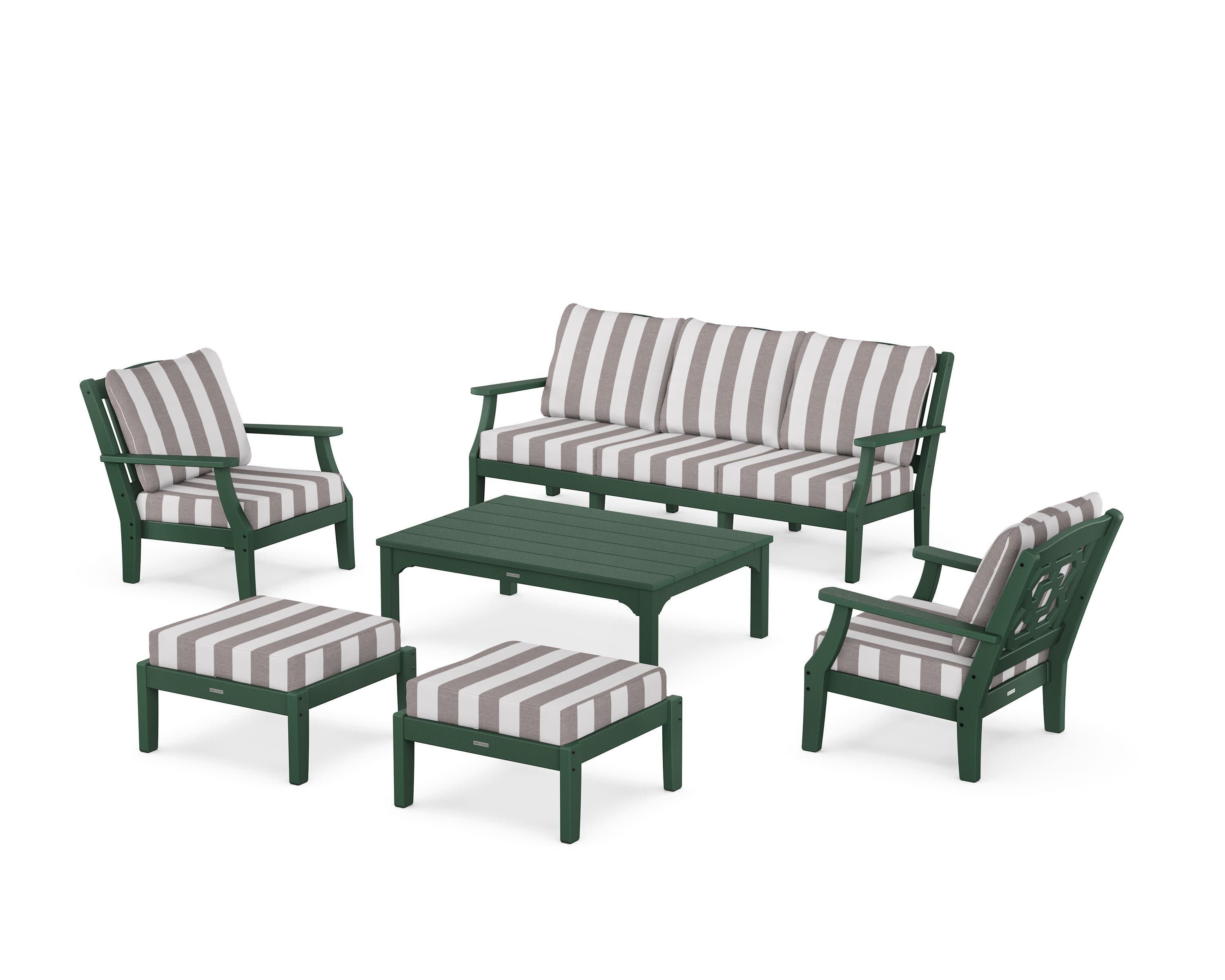Chinoiserie 6-Piece Lounge Sofa Set in Green / Cabana Stripe Grey Mist
