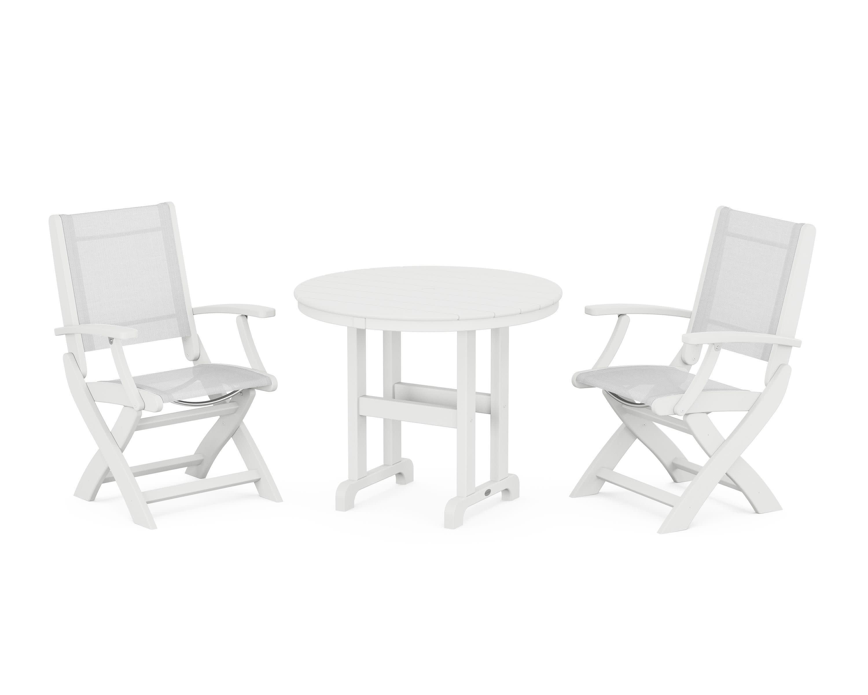 Coastal Folding Chair 3-Piece Round Dining Set in White / White Sling