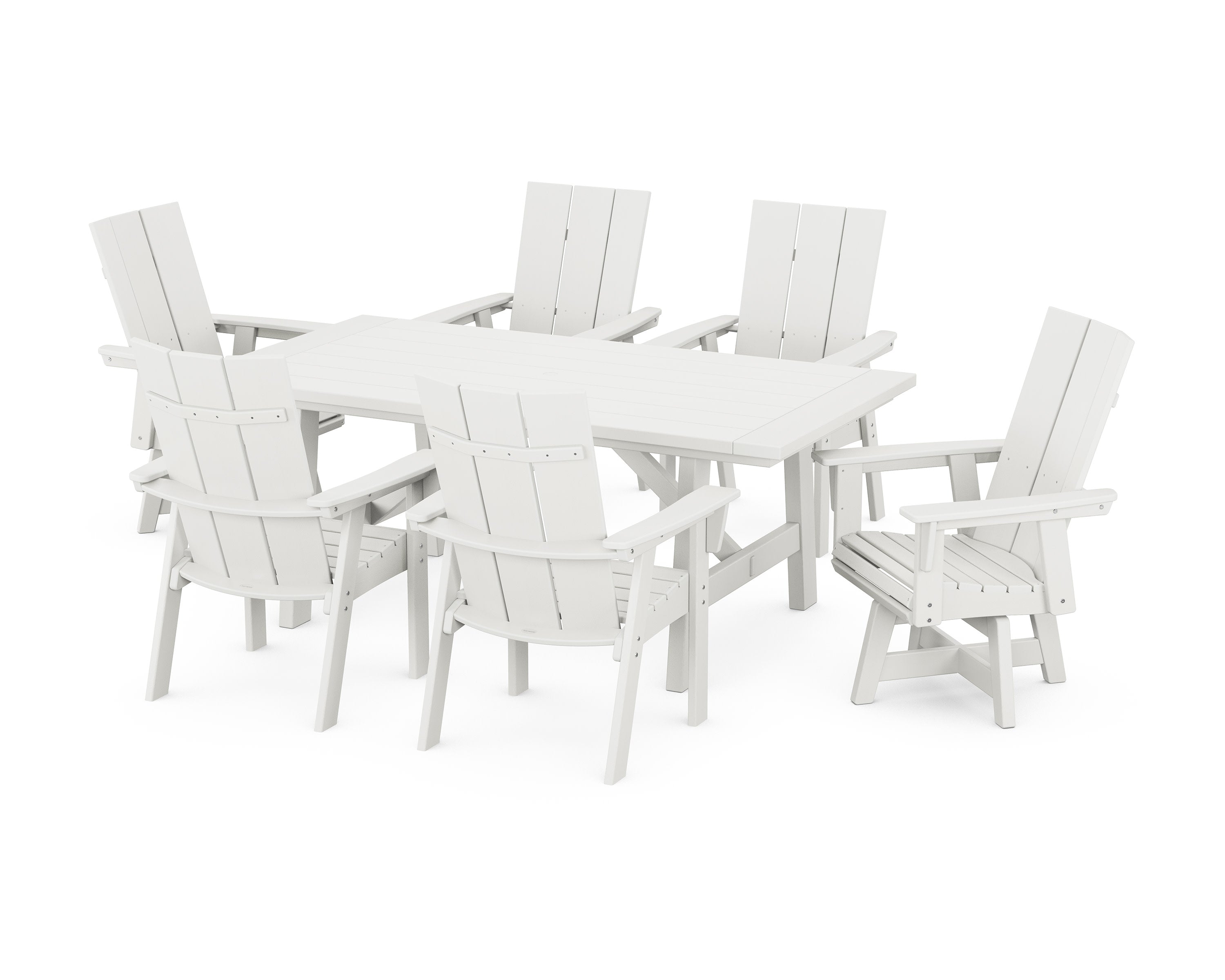 Modern Curveback Adirondack 7-Piece Rustic Farmhouse Swivel Dining Set in Vintage White