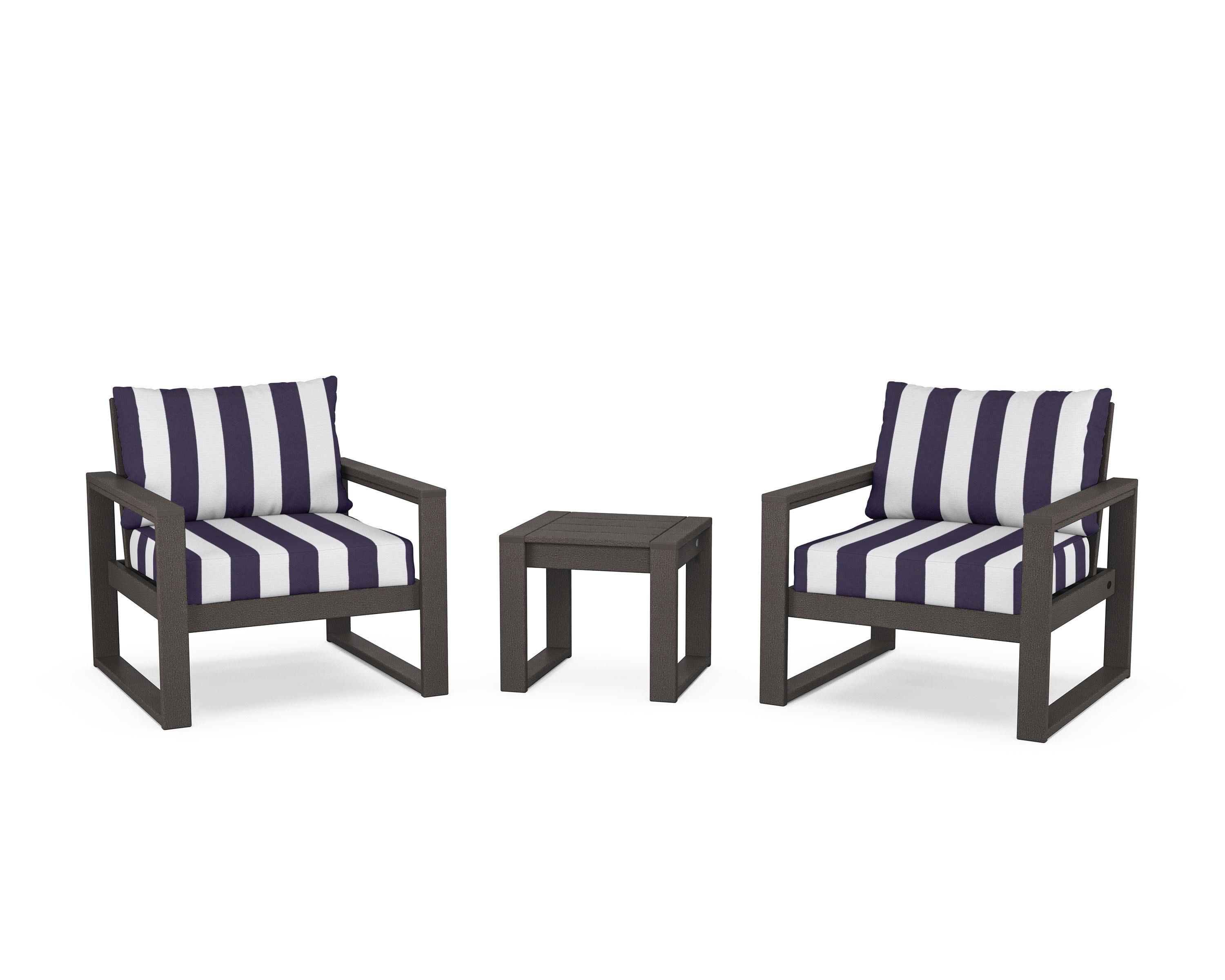 EDGE Sectional 3-Piece Deep Seating Set in Vintage Coffee / Cabana Stripe Navy
