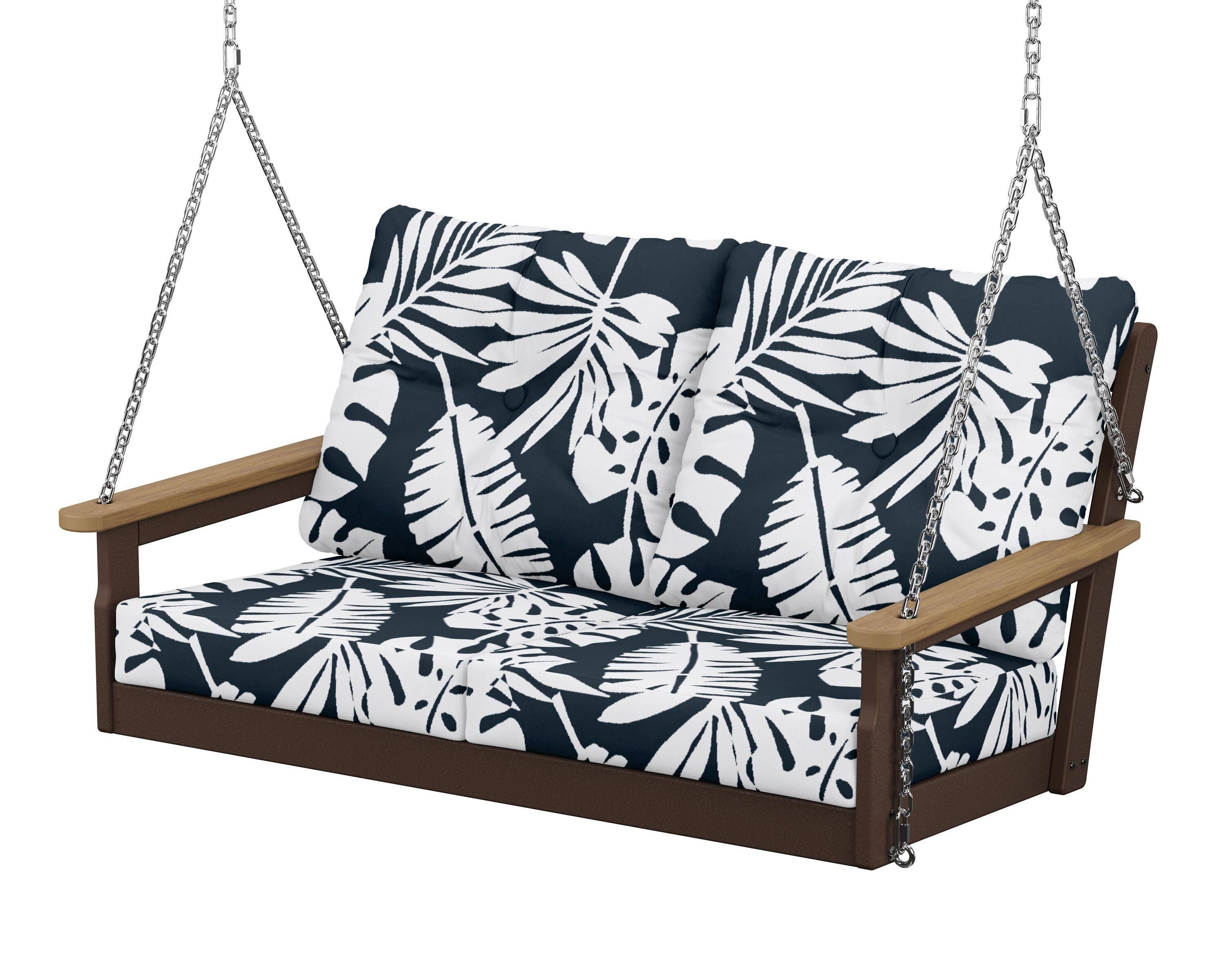 Vineyard Deep Seating Swing in Mahogany / Natural / Leaf Marine Indigo