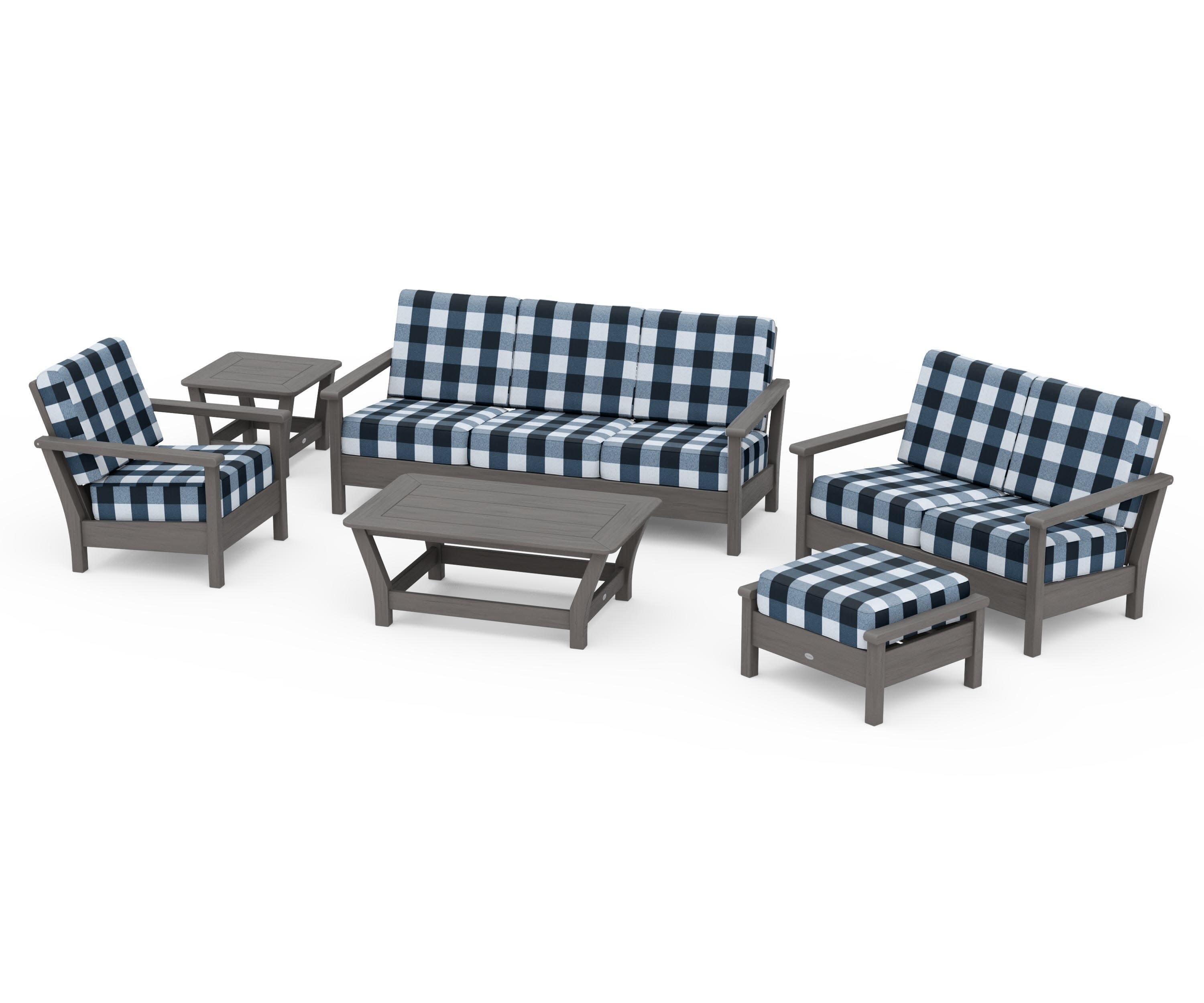Harbour 6-Piece Outdoor Living Set in Driftwood / Buffalo Plaid Marine Indigo