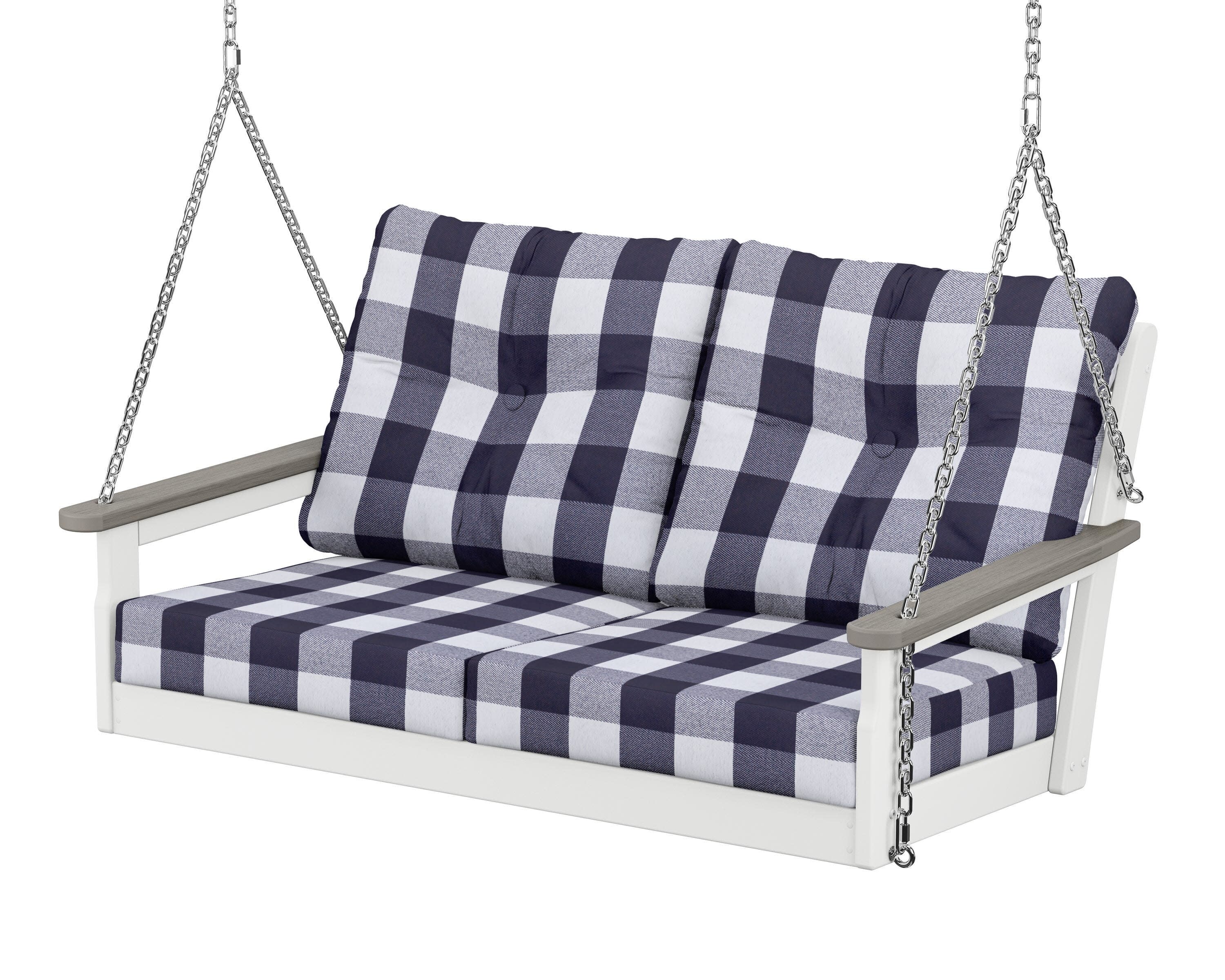 Vineyard Deep Seating Swing in White / Driftwood / Buffalo Plaid Navy