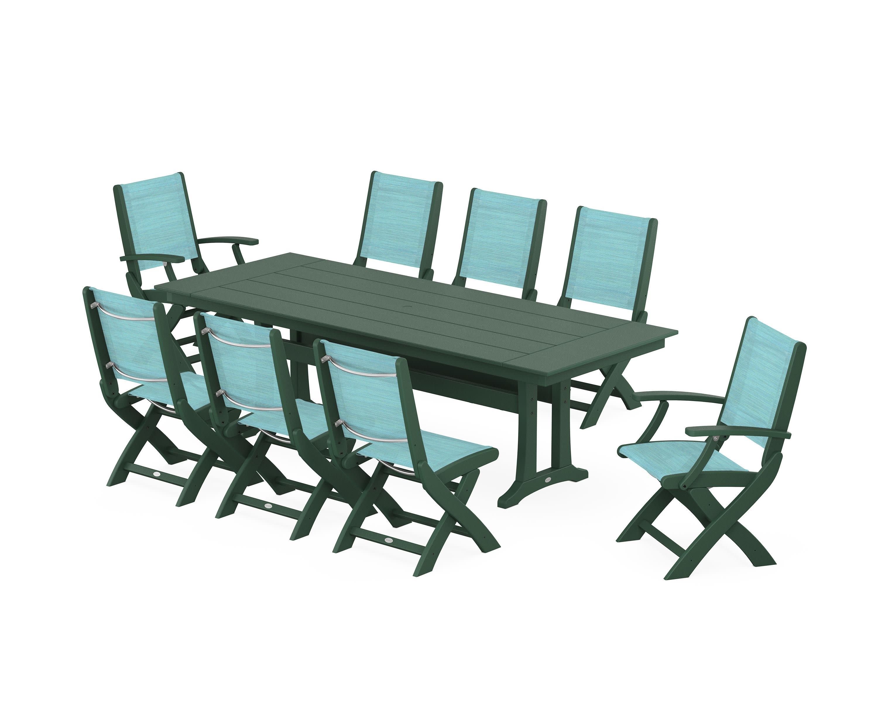 Coastal 9-Piece Folding Dining Chair Farmhouse Dining Set with Trestle Legs in Green / Dupioni Aquamarine Sling