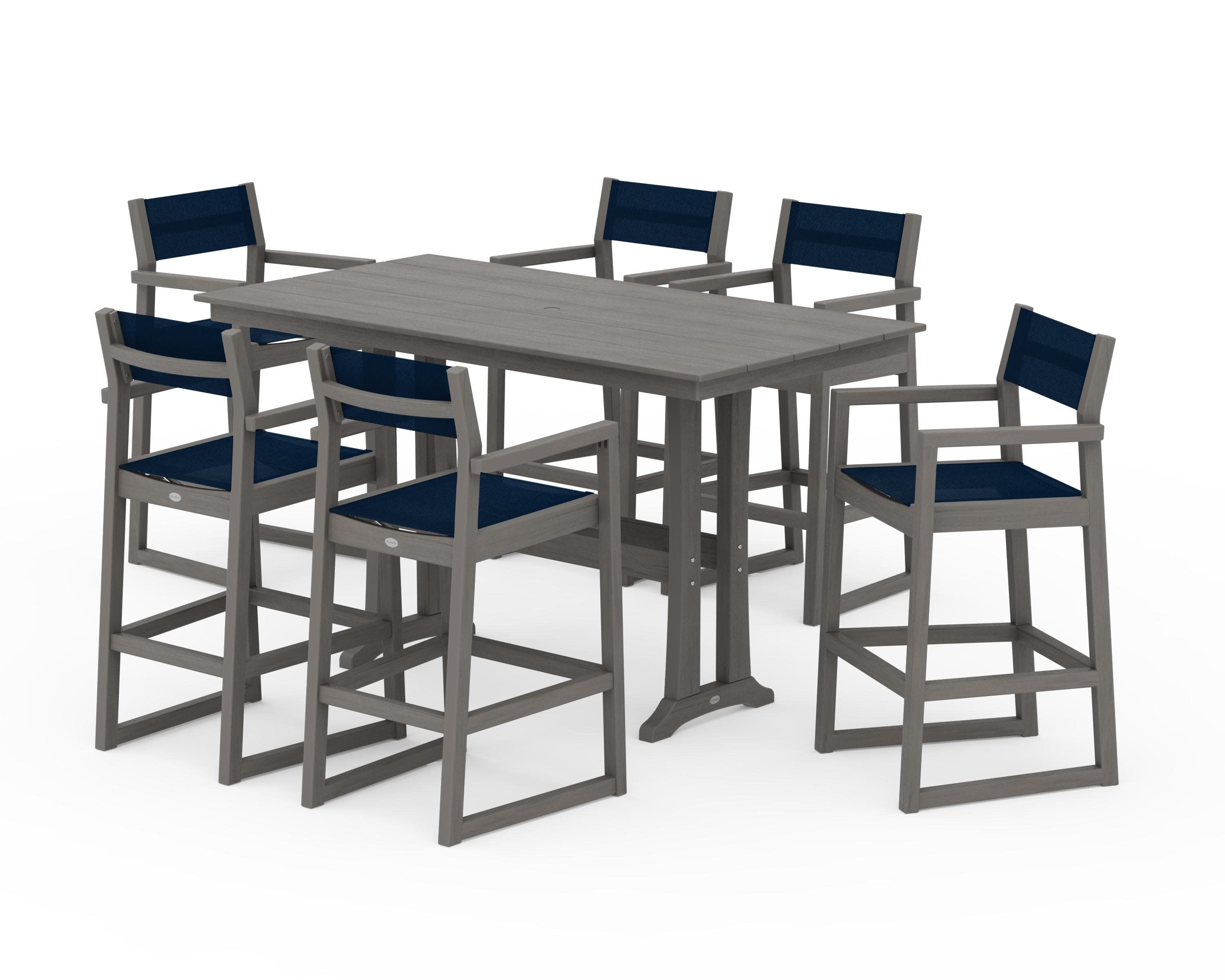 EDGE Sling Arm Chair 7-Piece Farmhouse Bar Set with Trestle Legs in Driftwood / Navy Blue Sling
