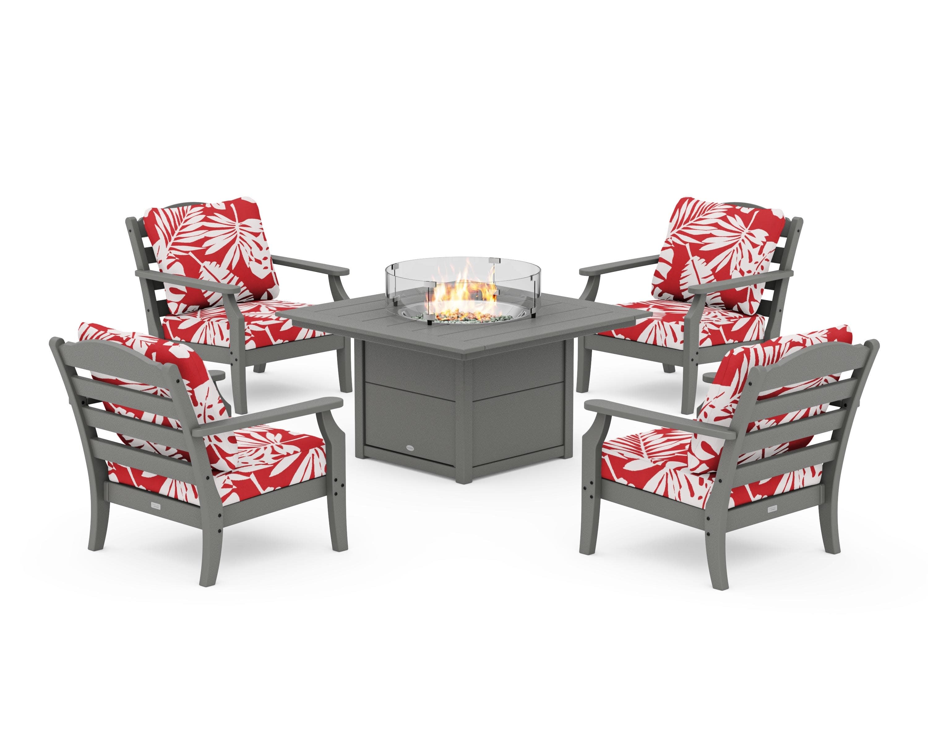 Savannah 5-Piece Deep Seating Set with Fire Pit Table in Slate Grey / Leaf Crimson