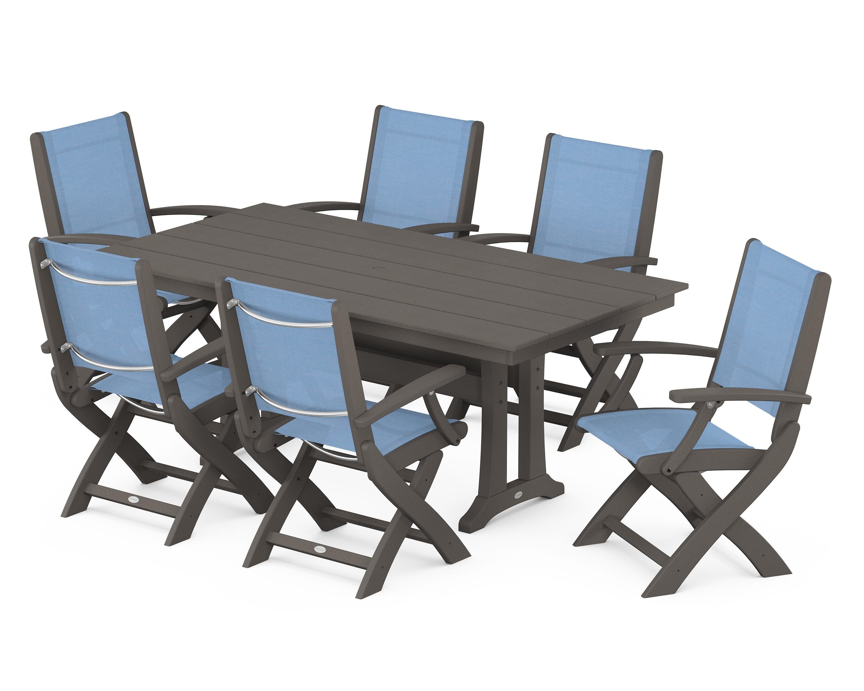 Coastal Folding Arm Chair 7-Piece Farmhouse Dining Set with Trestle Legs in Vintage Coffee / Poolside Sling
