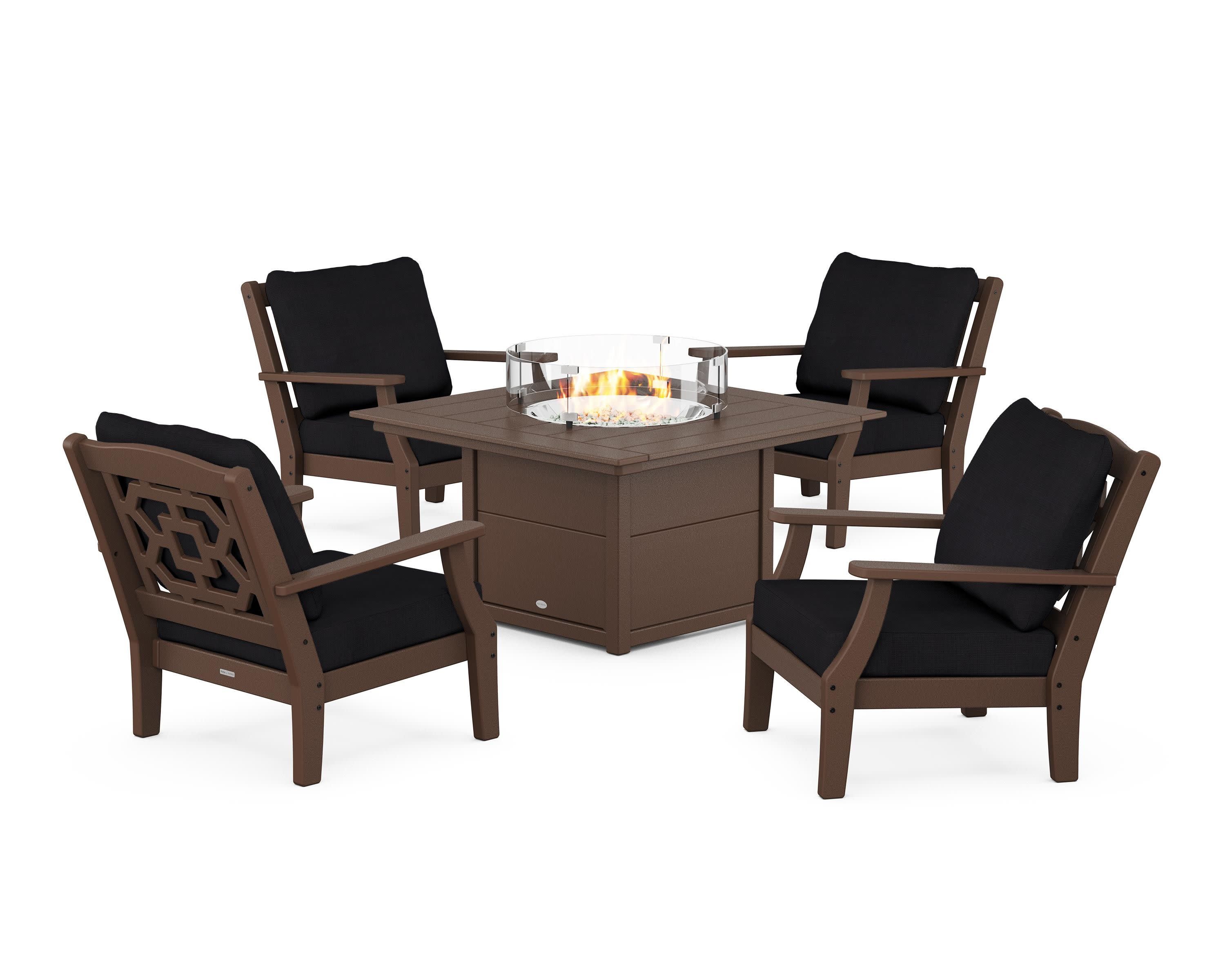 Chinoiserie 5-Piece Deep Seating Set with Fire Pit Table in Mahogany / Midnight Linen