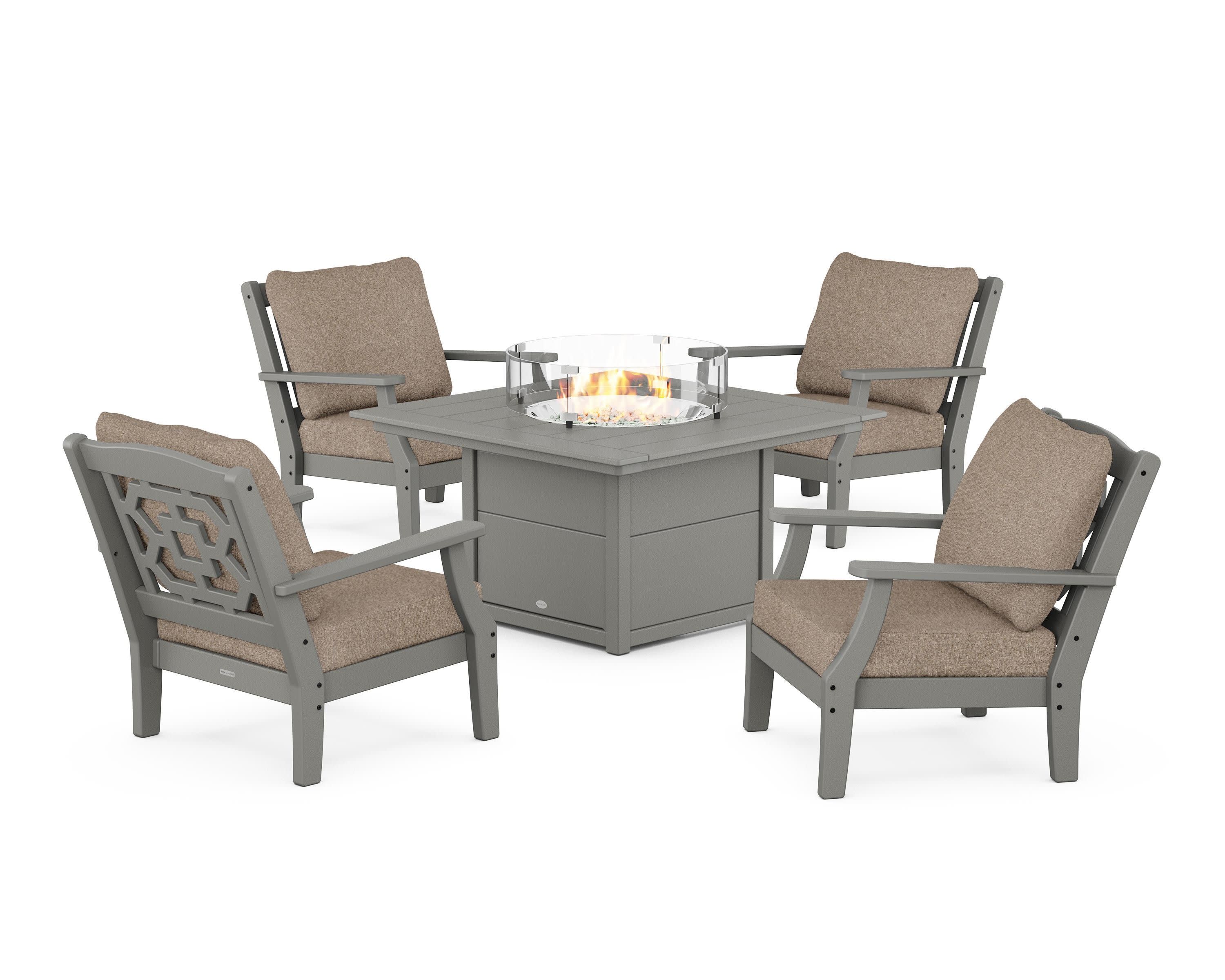 Chinoiserie 5-Piece Deep Seating Set with Fire Pit Table in Slate Grey / Spiced Burlap