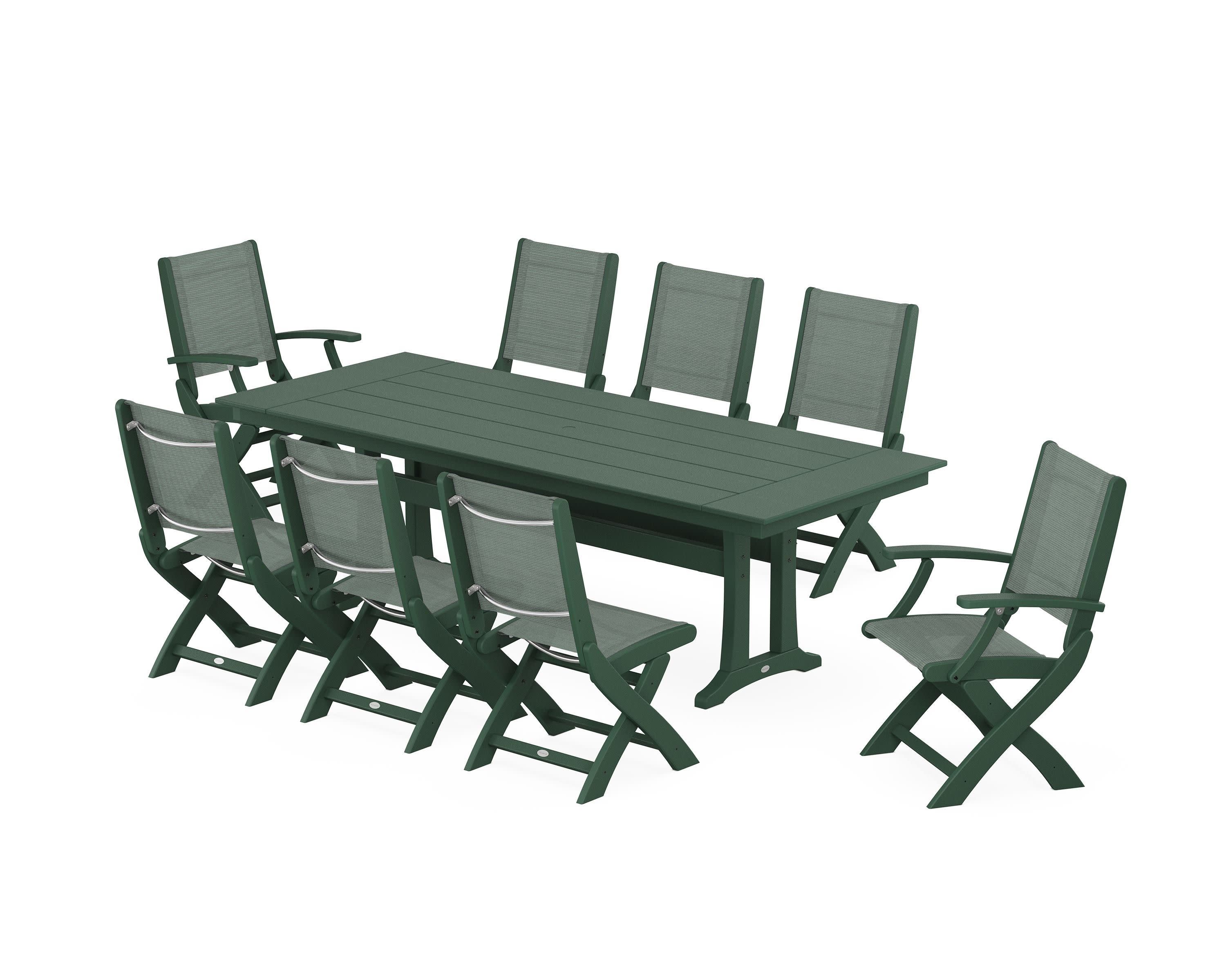 Coastal 9-Piece Folding Dining Chair Farmhouse Dining Set with Trestle Legs in Green / Dupioni Sea Mist Sling