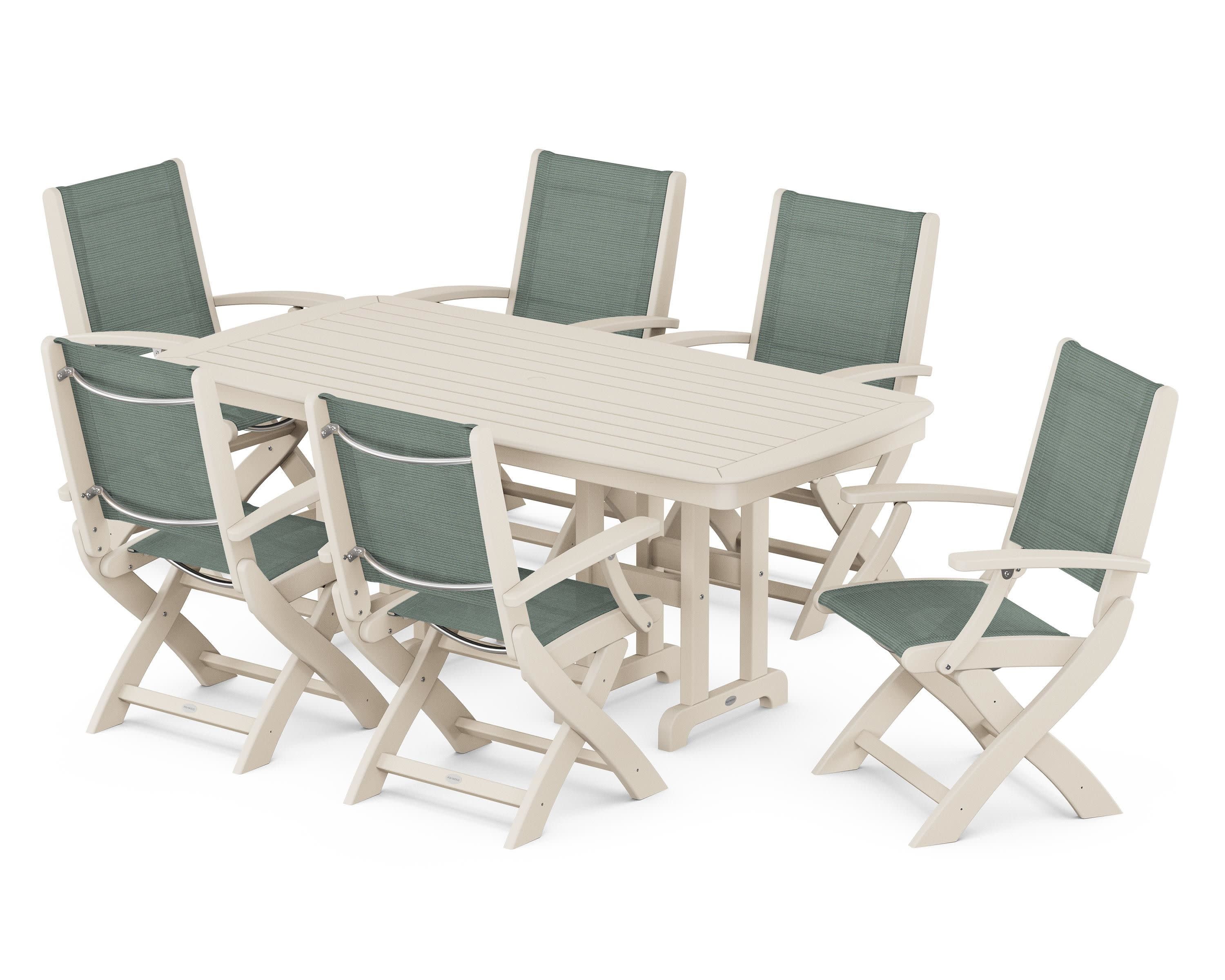 Coastal Folding Arm Chair 7-Piece Dining Set in Sand / Dupioni Sea Mist Sling