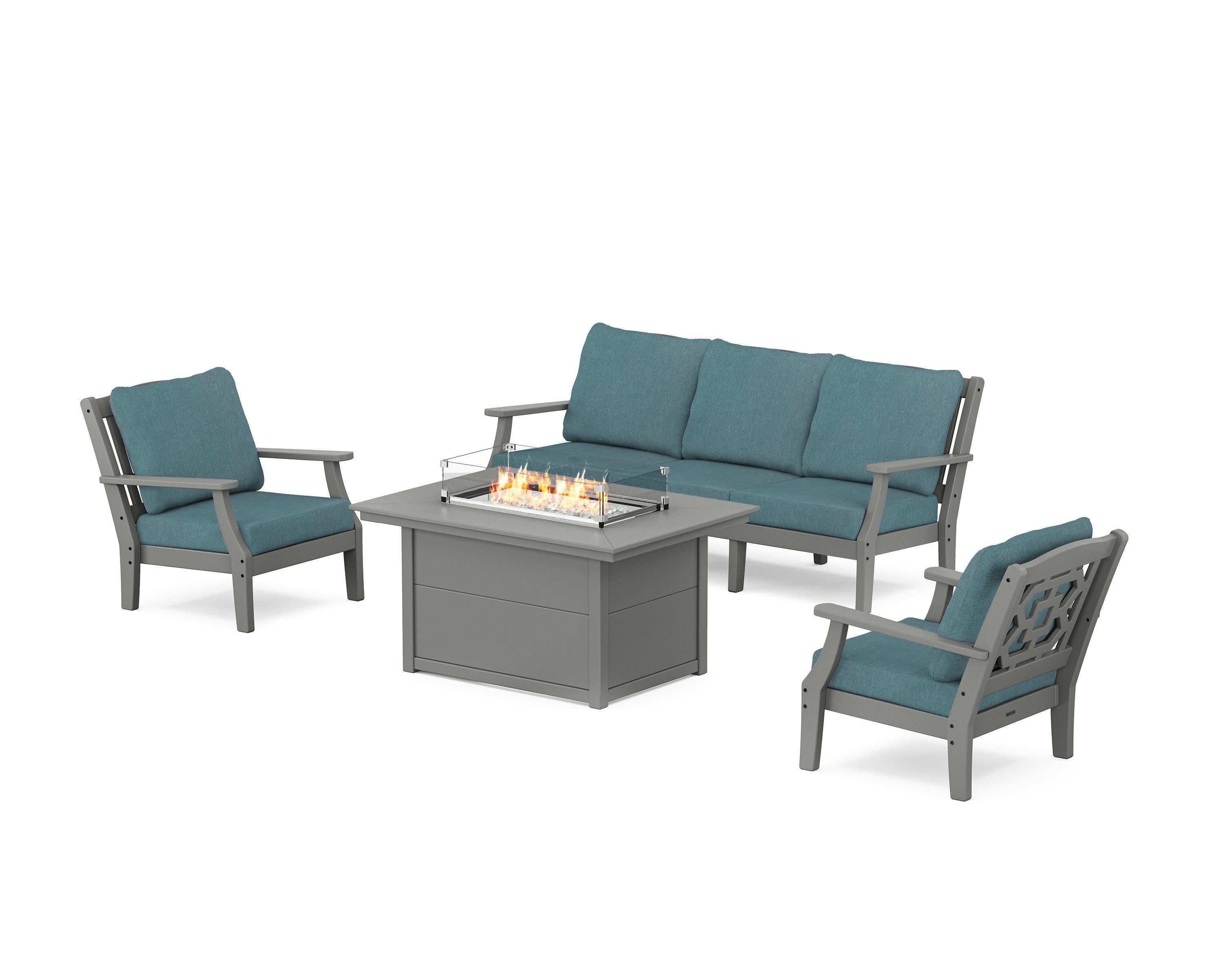 Chinoiserie Deep Seating Fire Pit Table Set in Slate Grey / Ocean Teal
