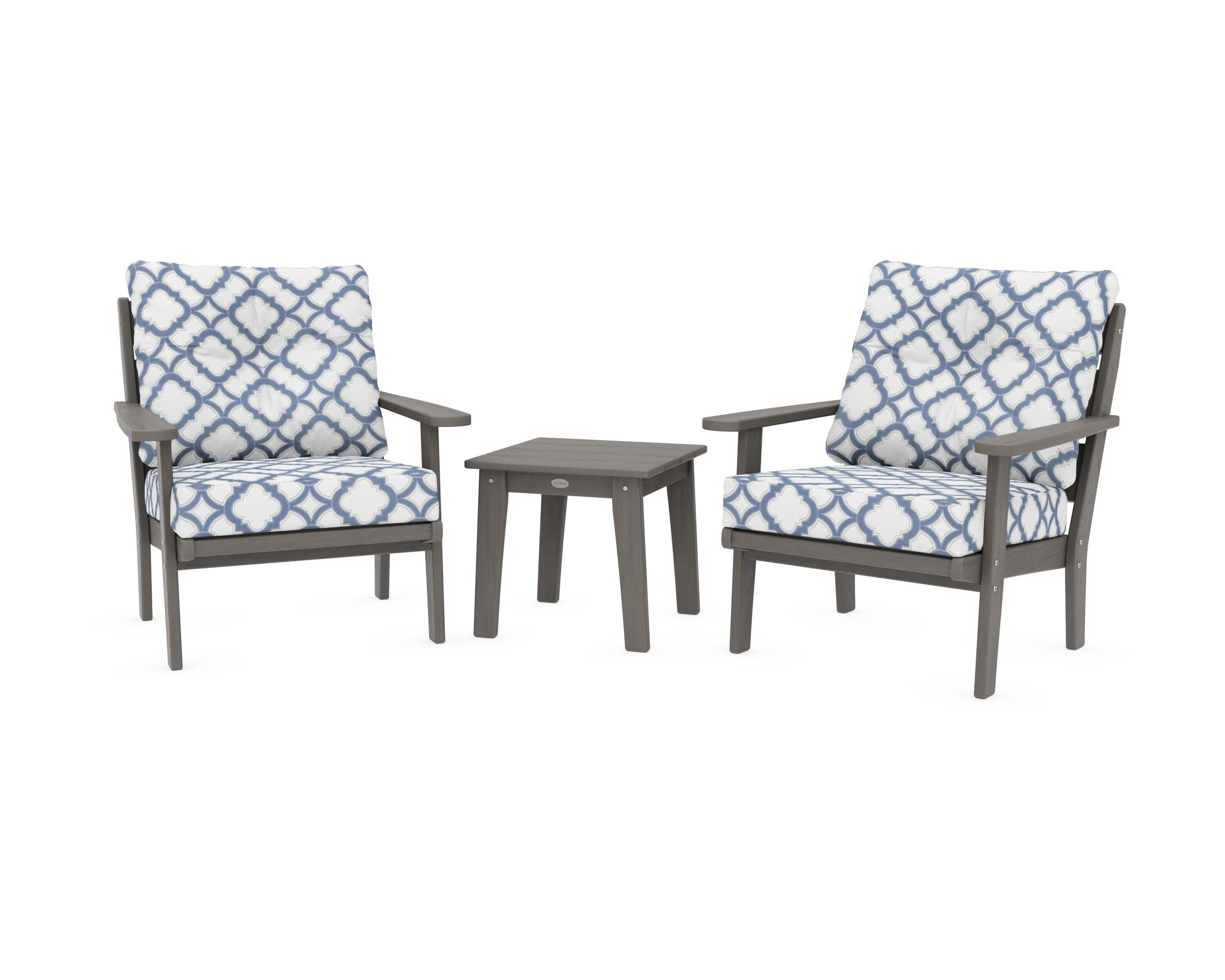 Lakeside 3-Piece Deep Seating Chair Set in Driftwood / Trellis Sky Blue