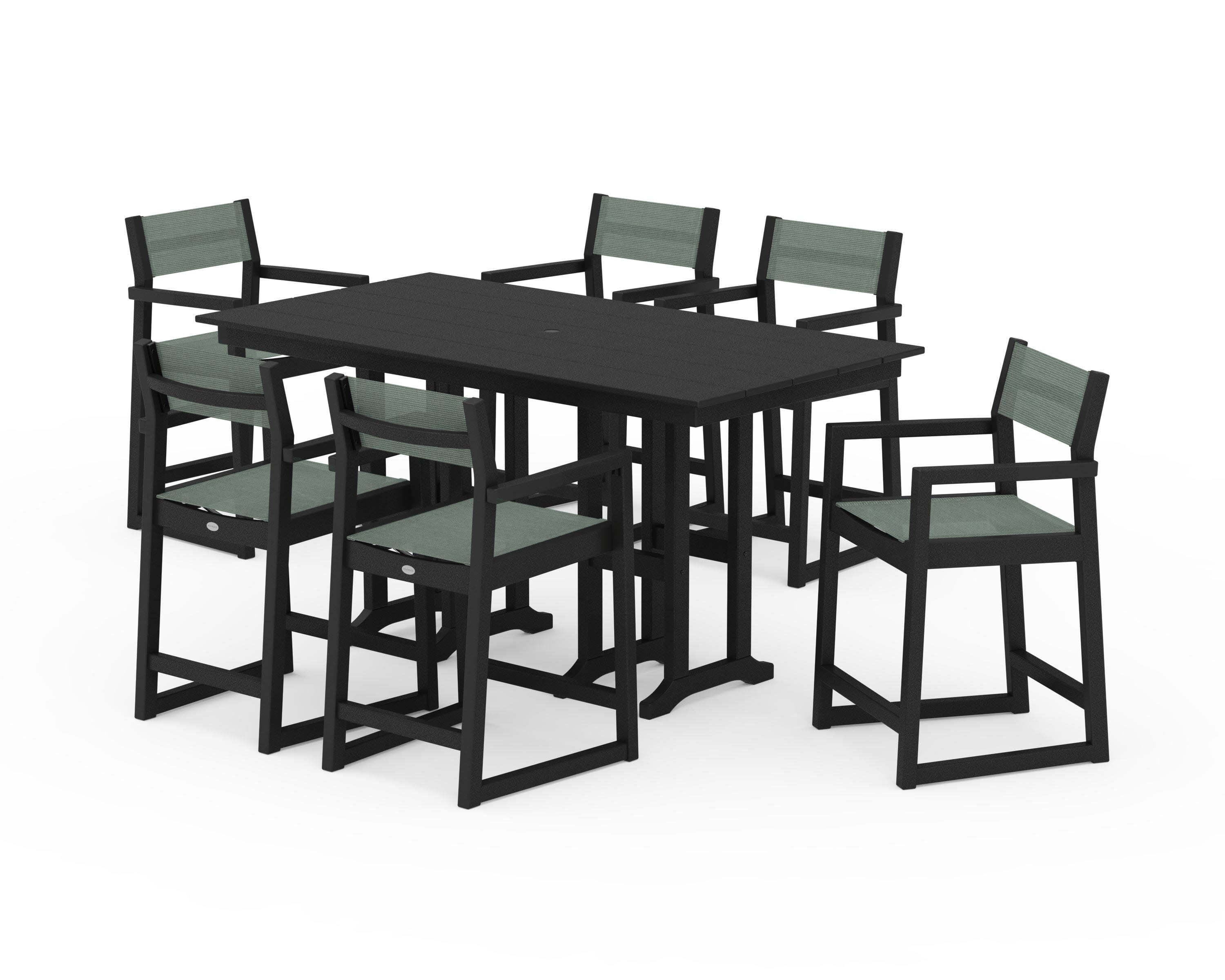 EDGE Sling Arm Chair 7-Piece Farmhouse Counter Set in Black / Dupioni Sea Mist Sling