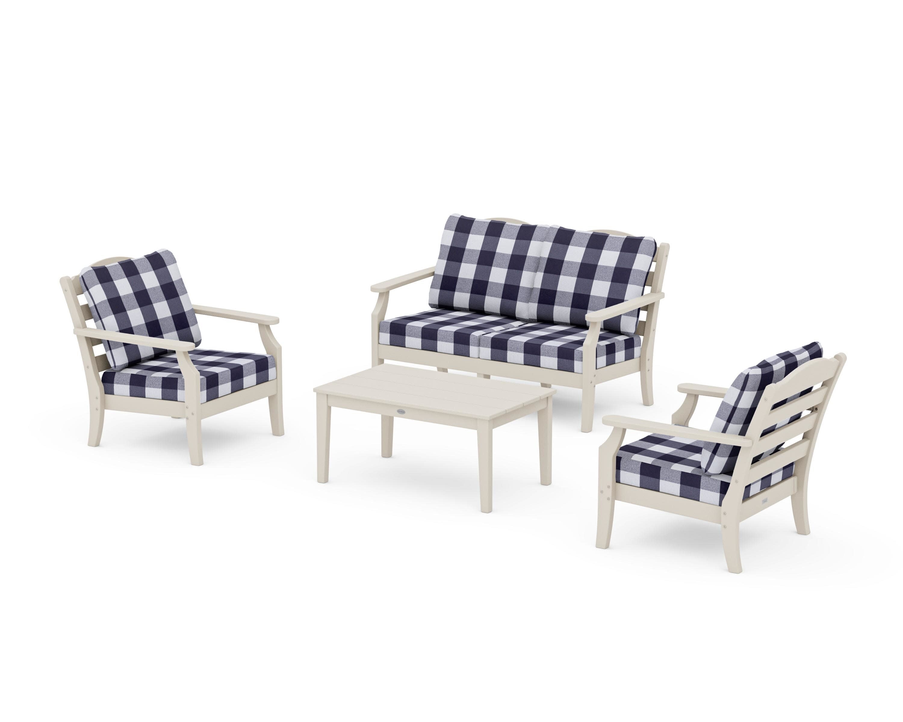Savannah 4-Piece Deep Seating Set with Loveseat in Sand / Buffalo Plaid Navy