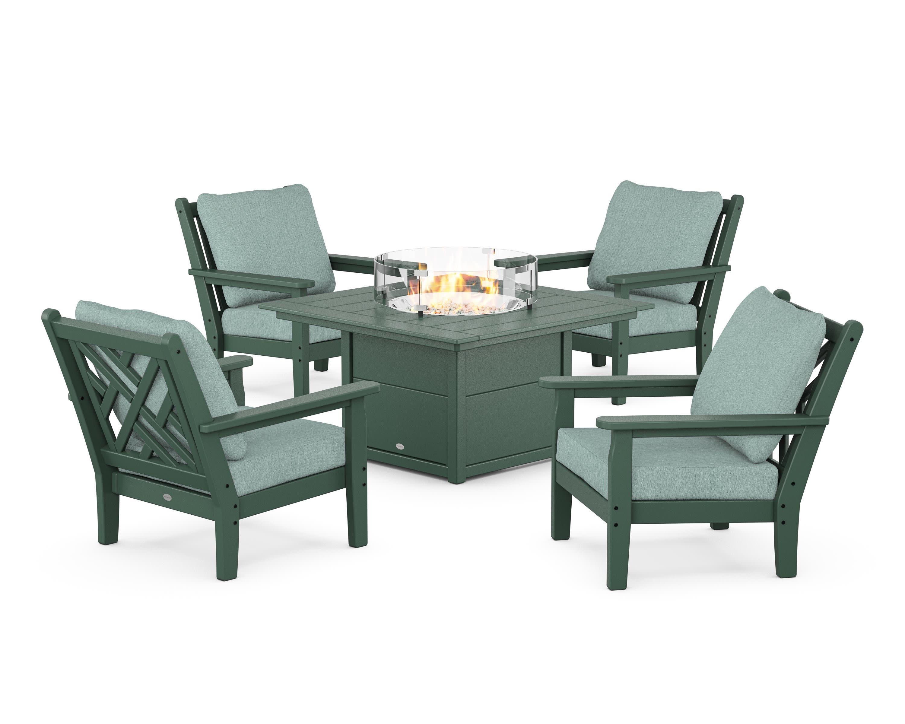 Chippendale 5-Piece Deep Seating Set with Fire Pit Table in Green / Glacier Spa