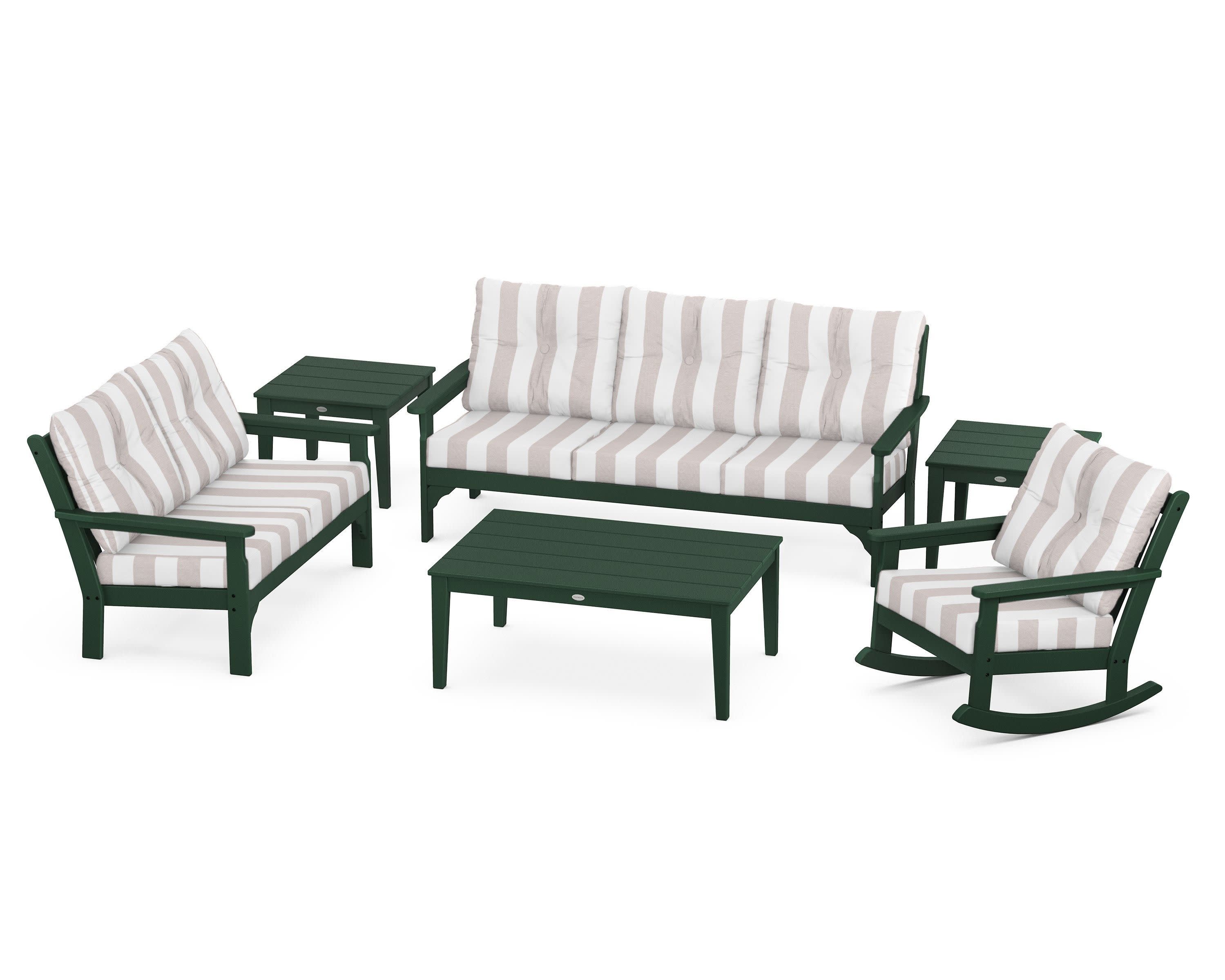 Vineyard 6-Piece Deep Seating Set in Green / Cabana Stripe Dune Burlap