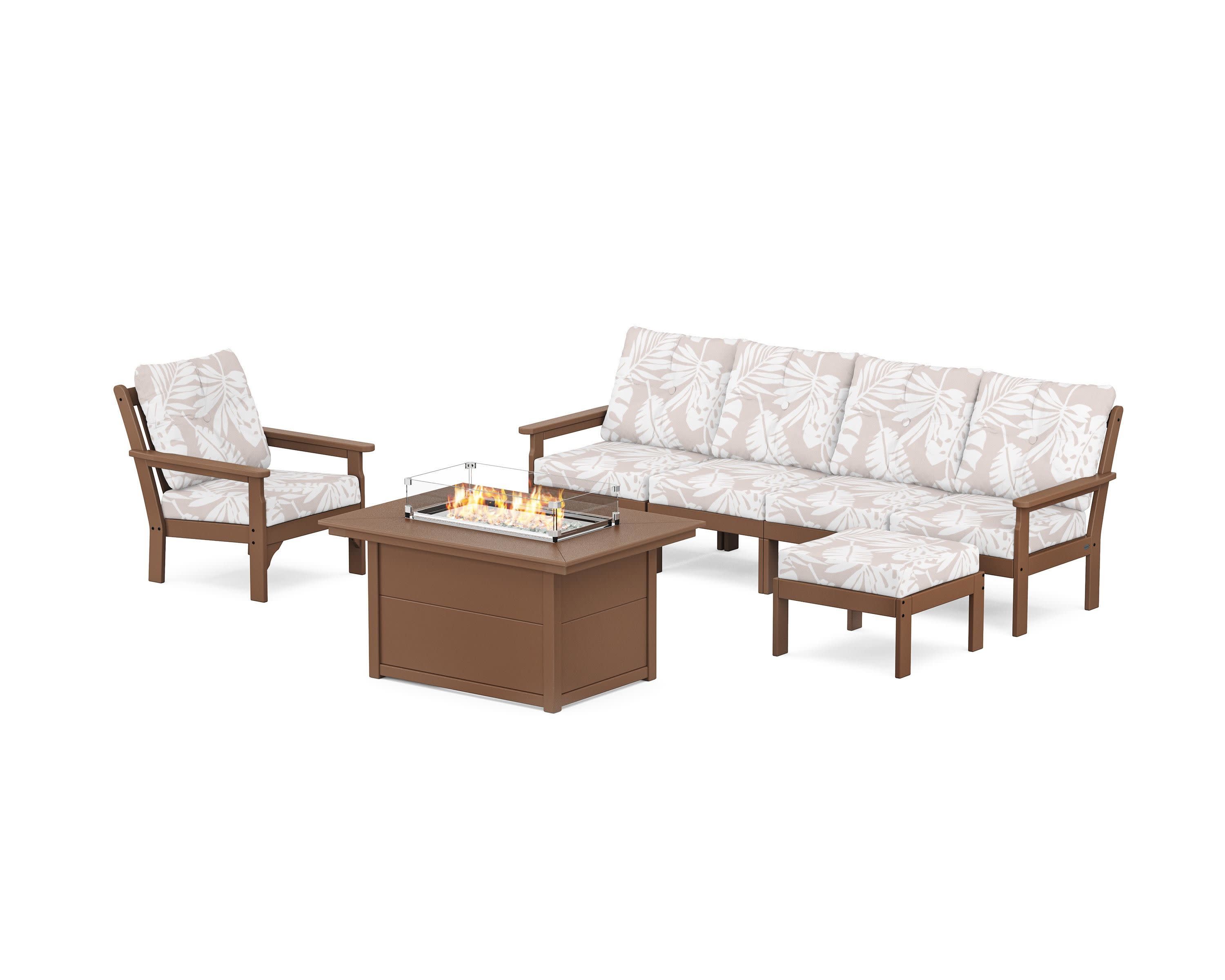 Vineyard Sectional Lounge and Fire Pit Set in Teak / Leaf Dune Burlap