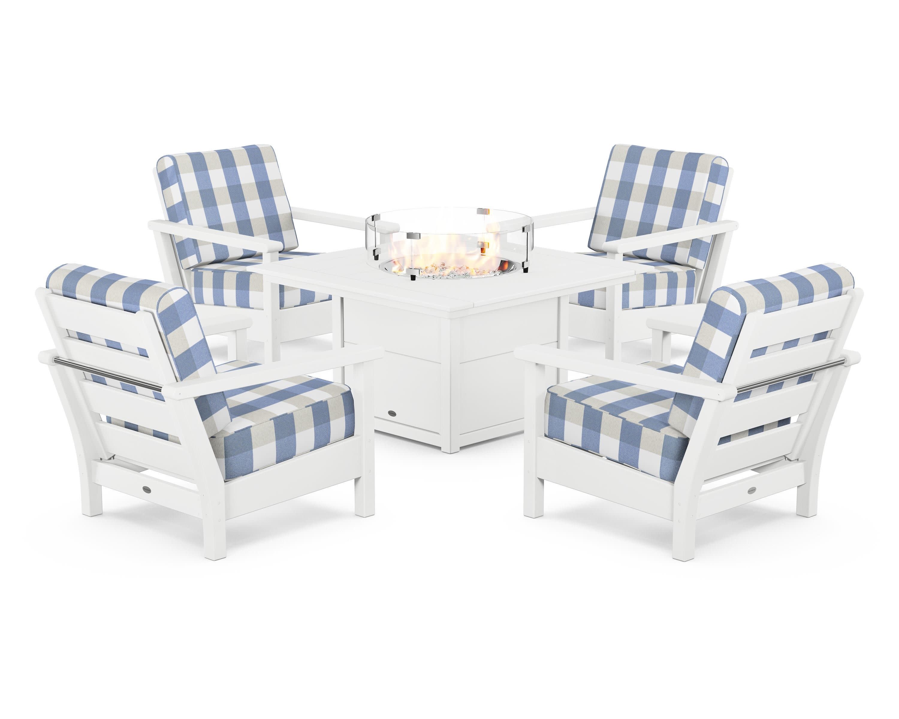 Harbour 5-Piece Conversation Set with Fire Pit Table in White / Buffalo Plaid Sky Blue