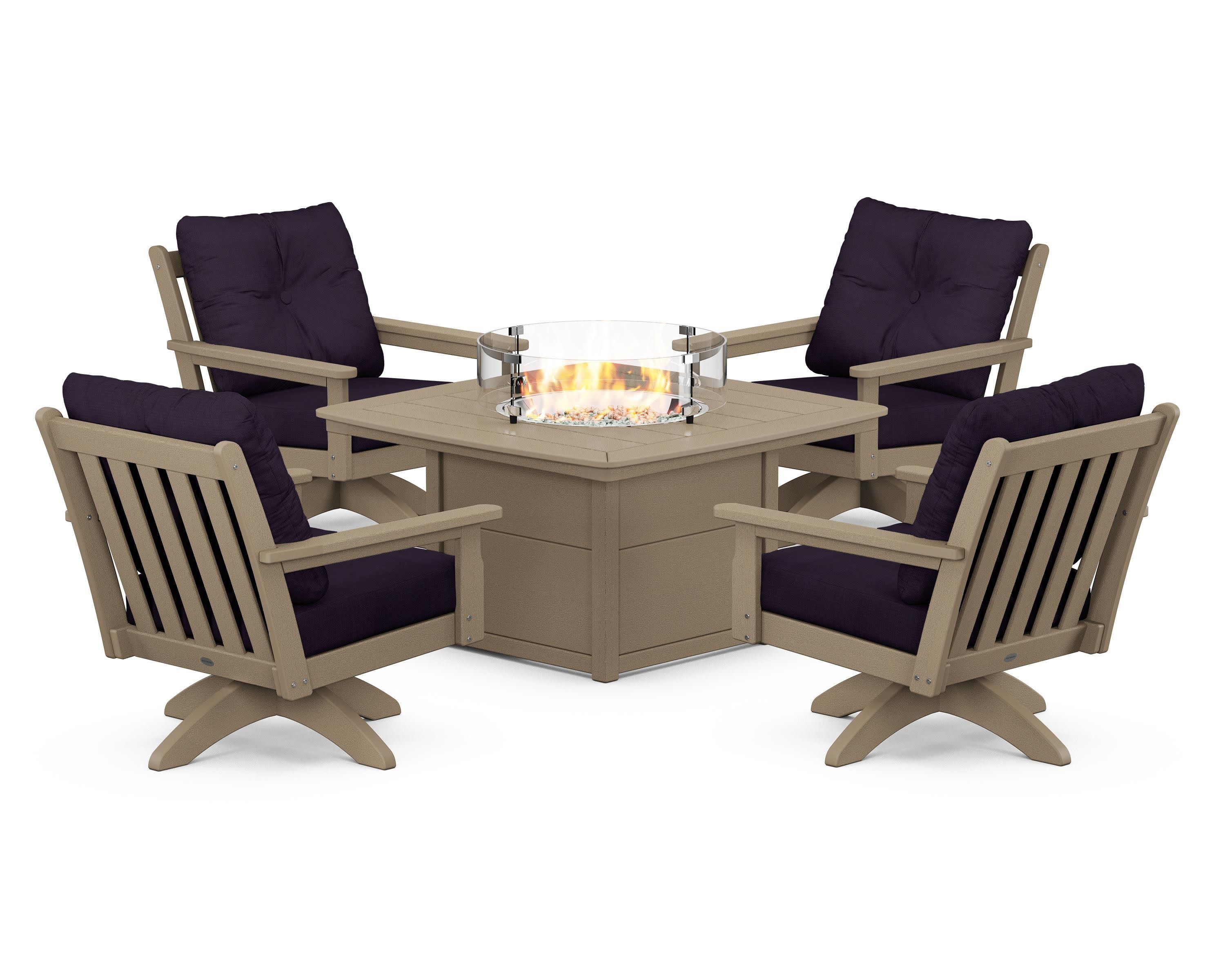 Vineyard 5-Piece Deep Seating Swivel Conversation Set with Fire Pit Table in Vintage Sahara / Navy Linen