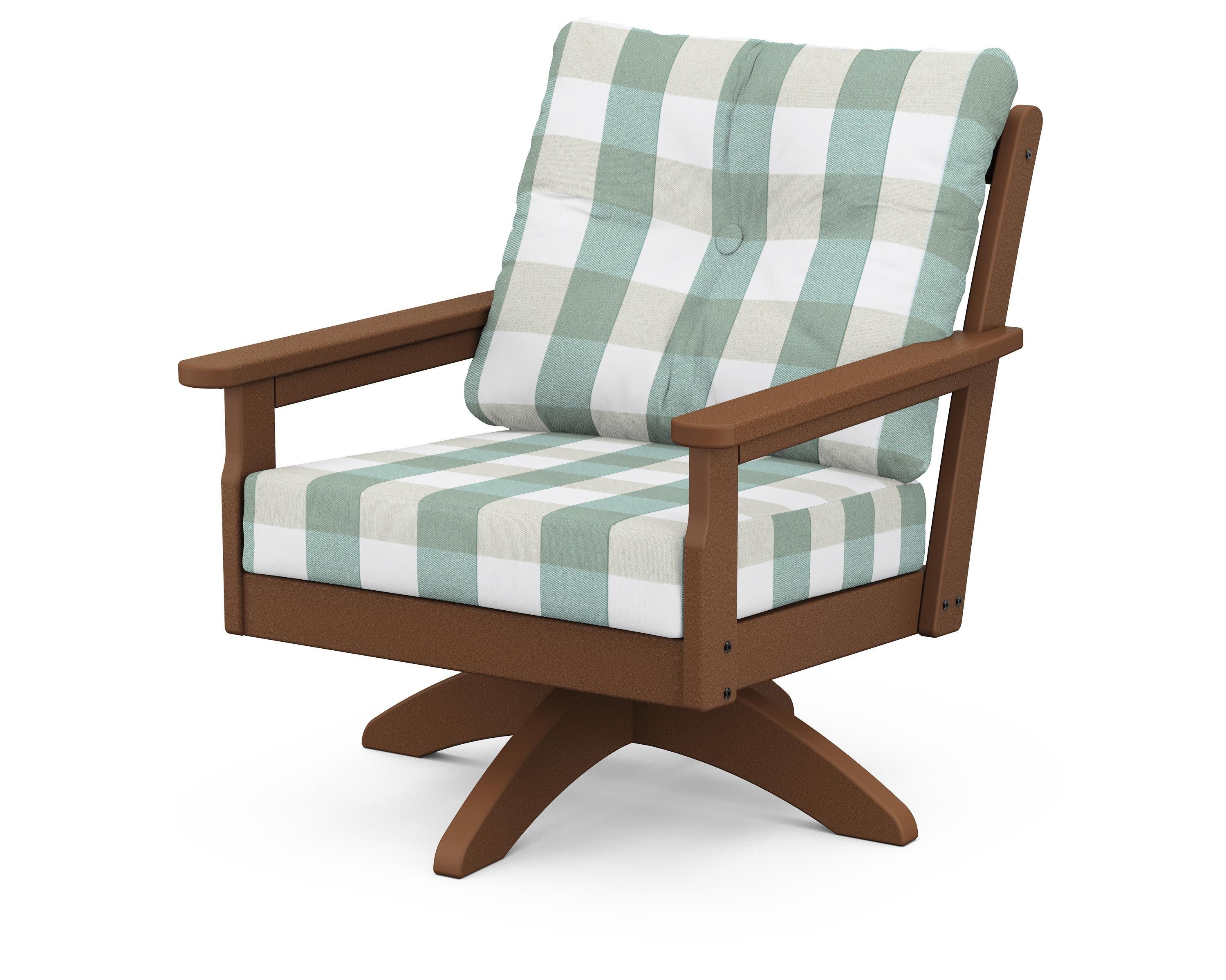 Vineyard Deep Seating Swivel Chair in Teak / Buffalo Plaid Glacier Spa