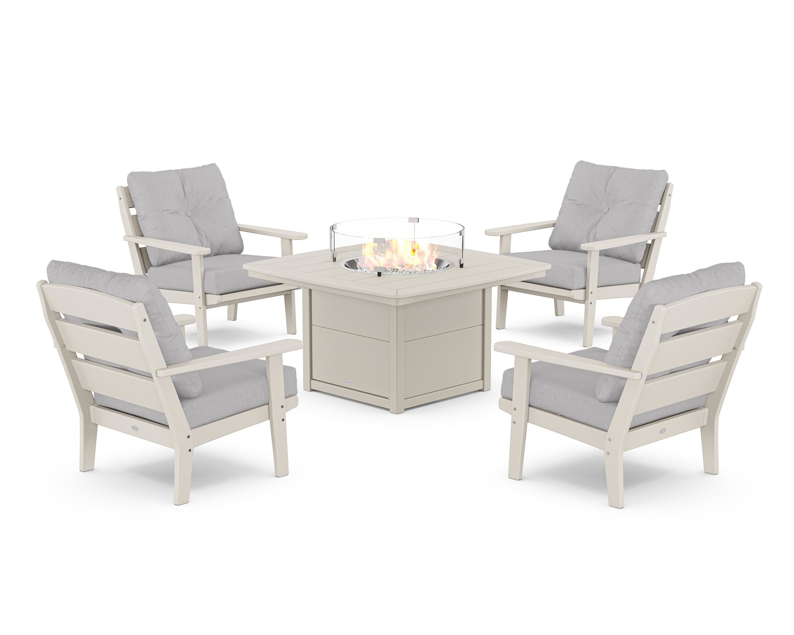 Lakeside 5-Piece Deep Seating Set with Nautical Fire Pit Table in Sand / Granite