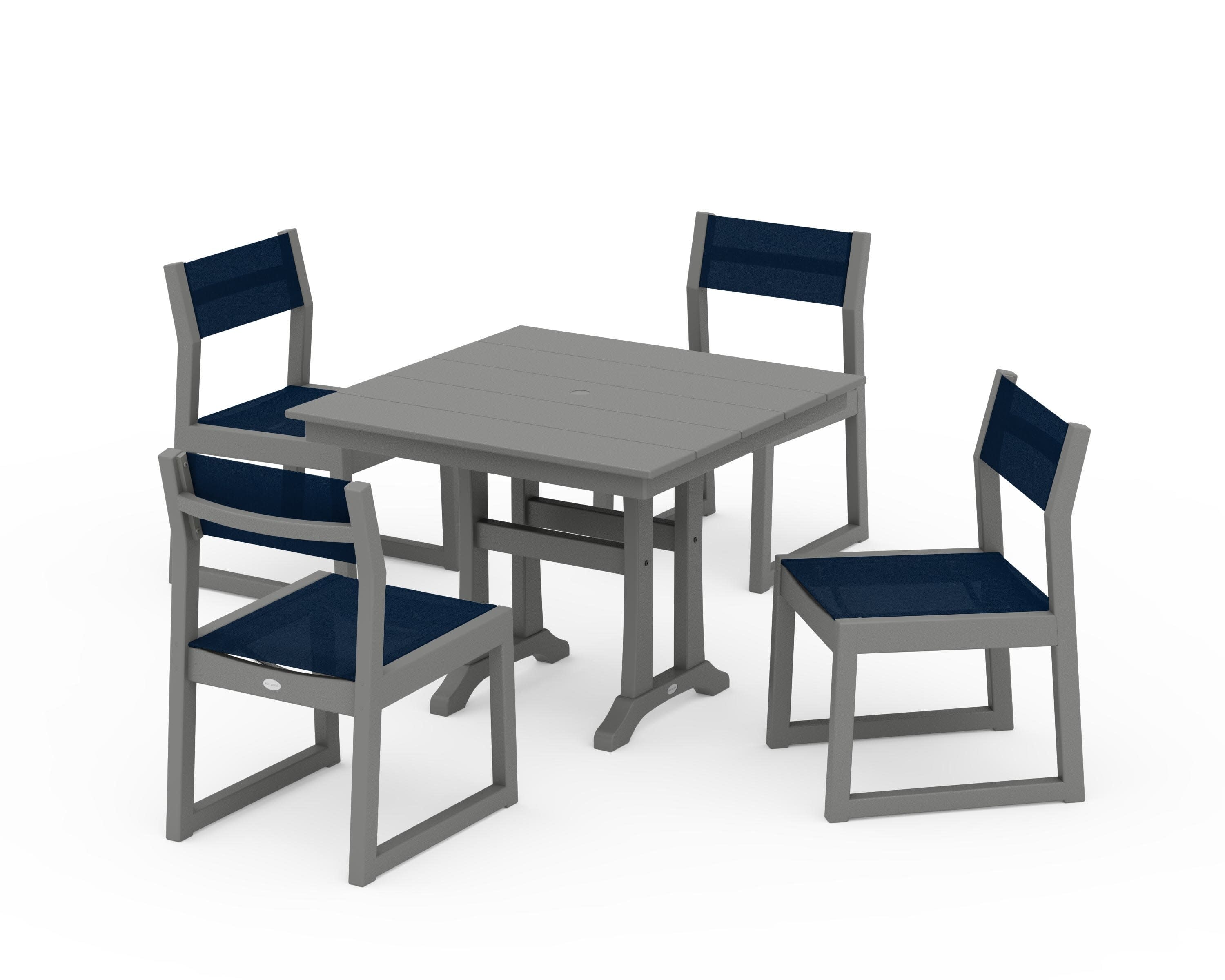 EDGE Sling 5-Piece Farmhouse Trestle Side Chair Dining Set in Slate Grey / Navy Blue Sling