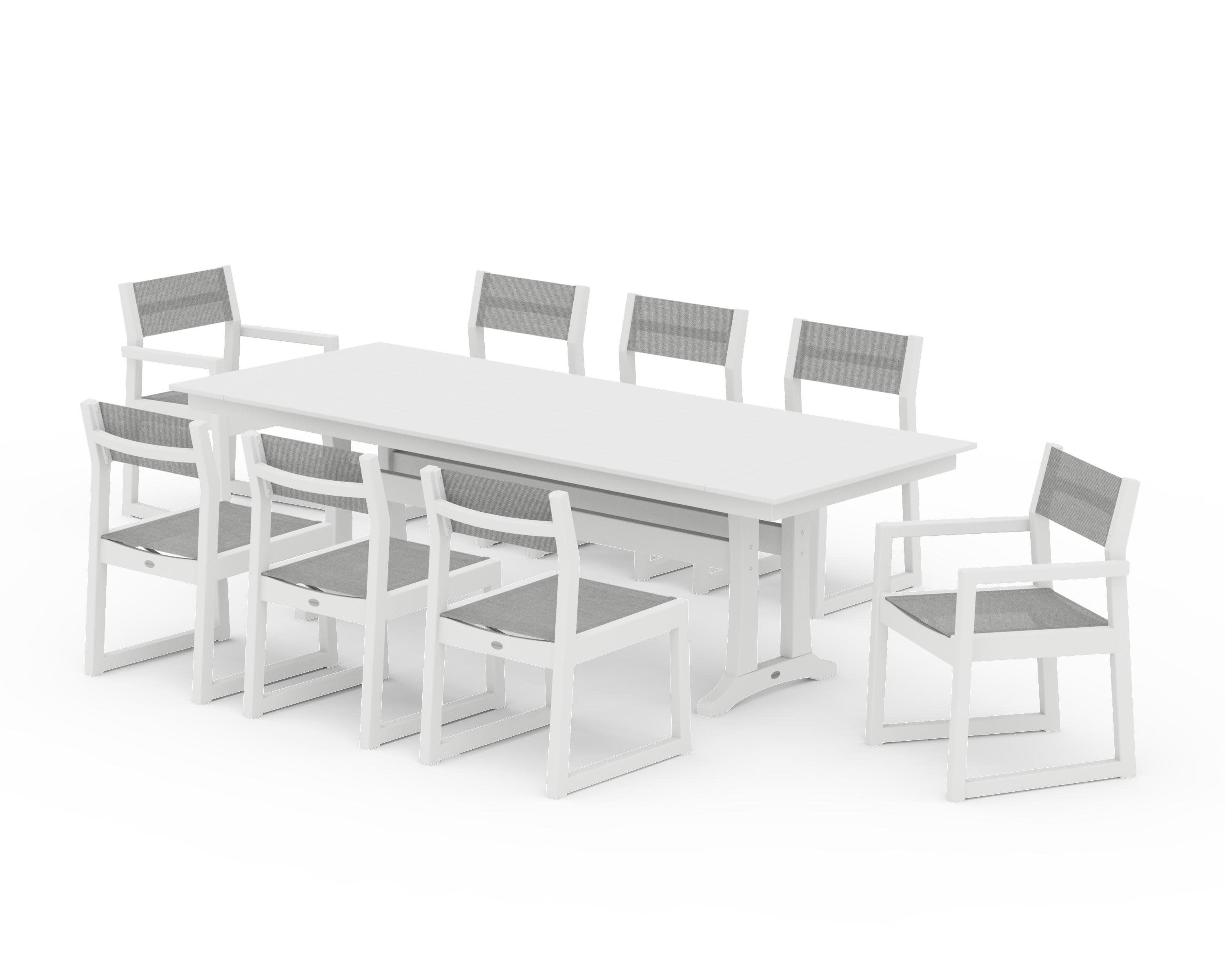 EDGE Sling 9-Piece Farmhouse Trestle Dining Set in White / Metallic Sling