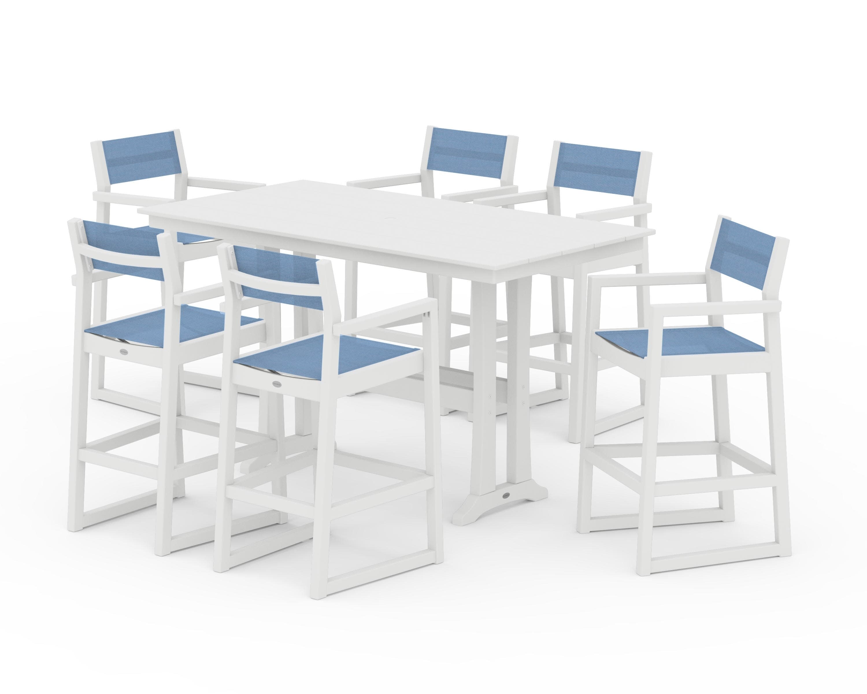 EDGE Sling Arm Chair 7-Piece Farmhouse Bar Set with Trestle Legs in White / Poolside Sling