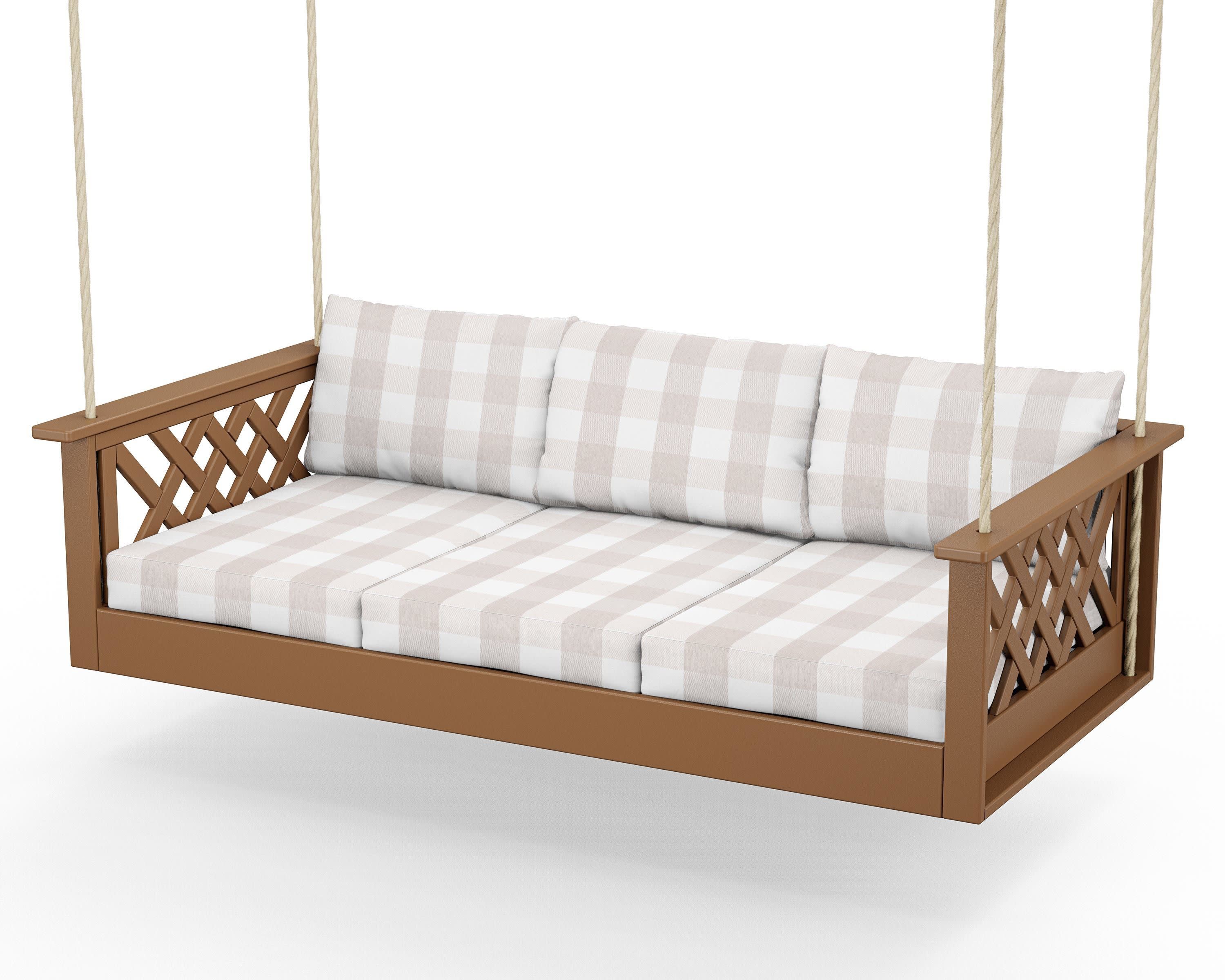 Wovendale Daybed Swing in Teak / Buffalo Plaid Dune Burlap