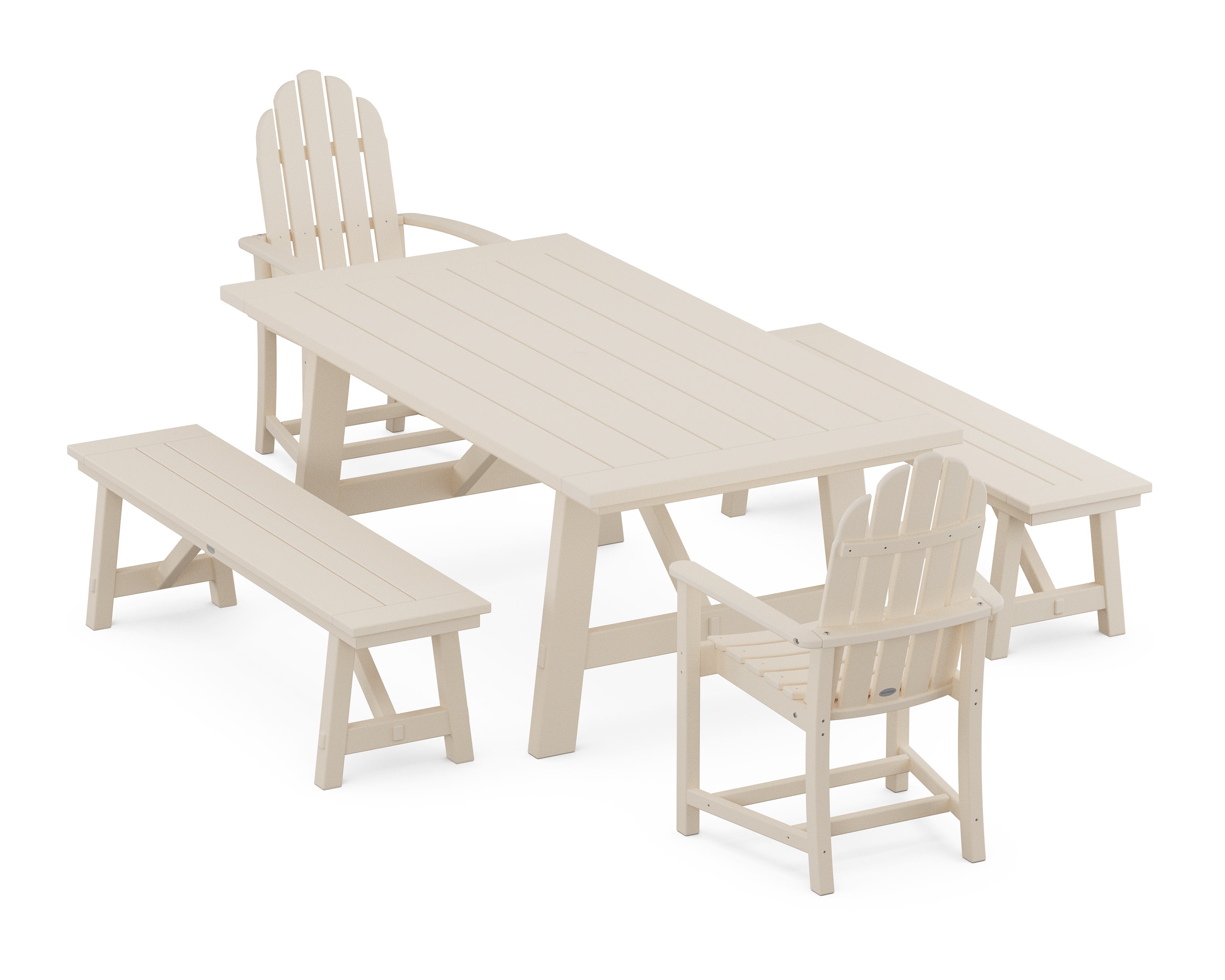 Classic Adirondack 5-Piece Rustic Farmhouse Dining Set With Benches in Sand
