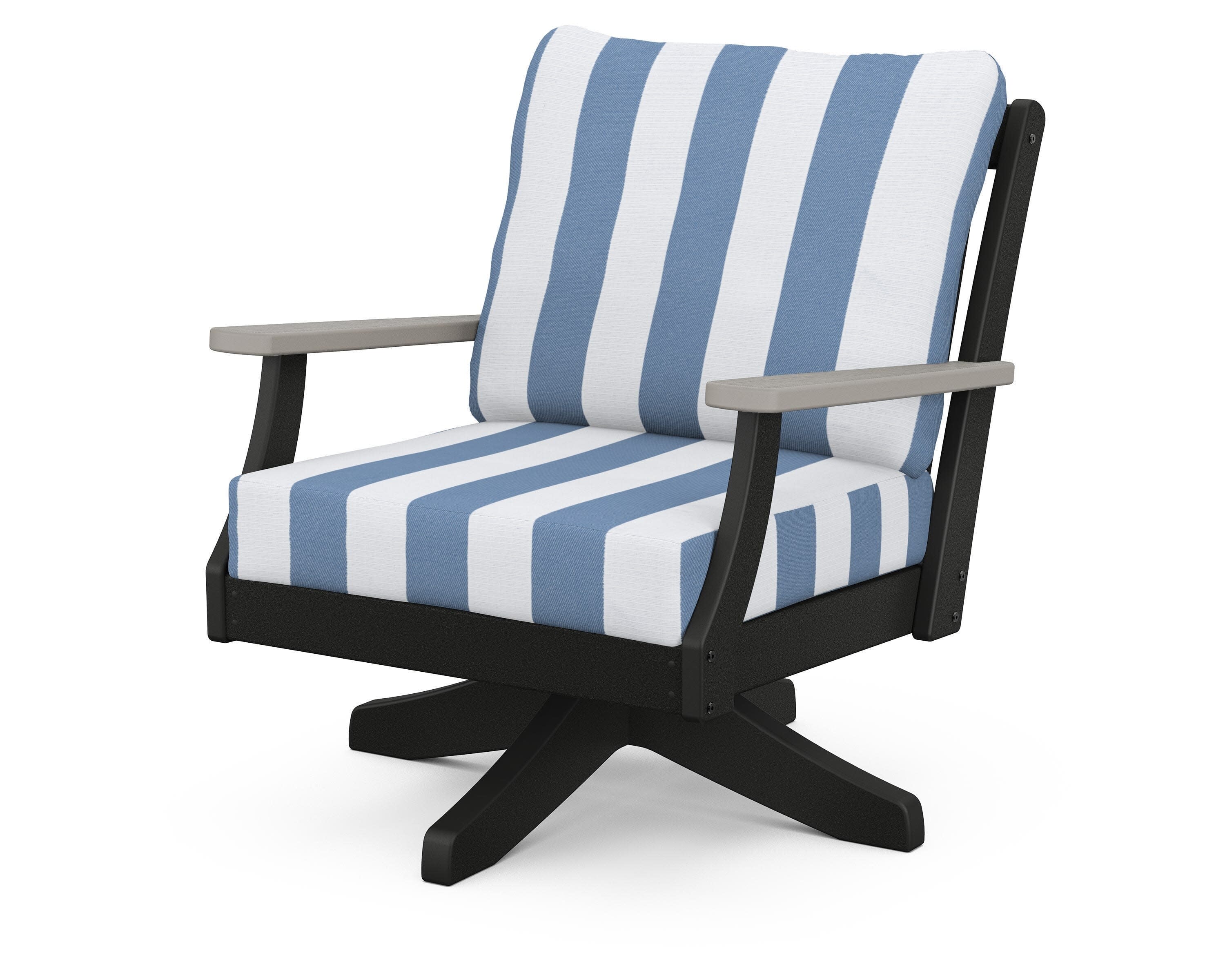 Braxton Deep Seating Swivel Chair in Black / Driftwood / Cabana Stripe Sky Blue