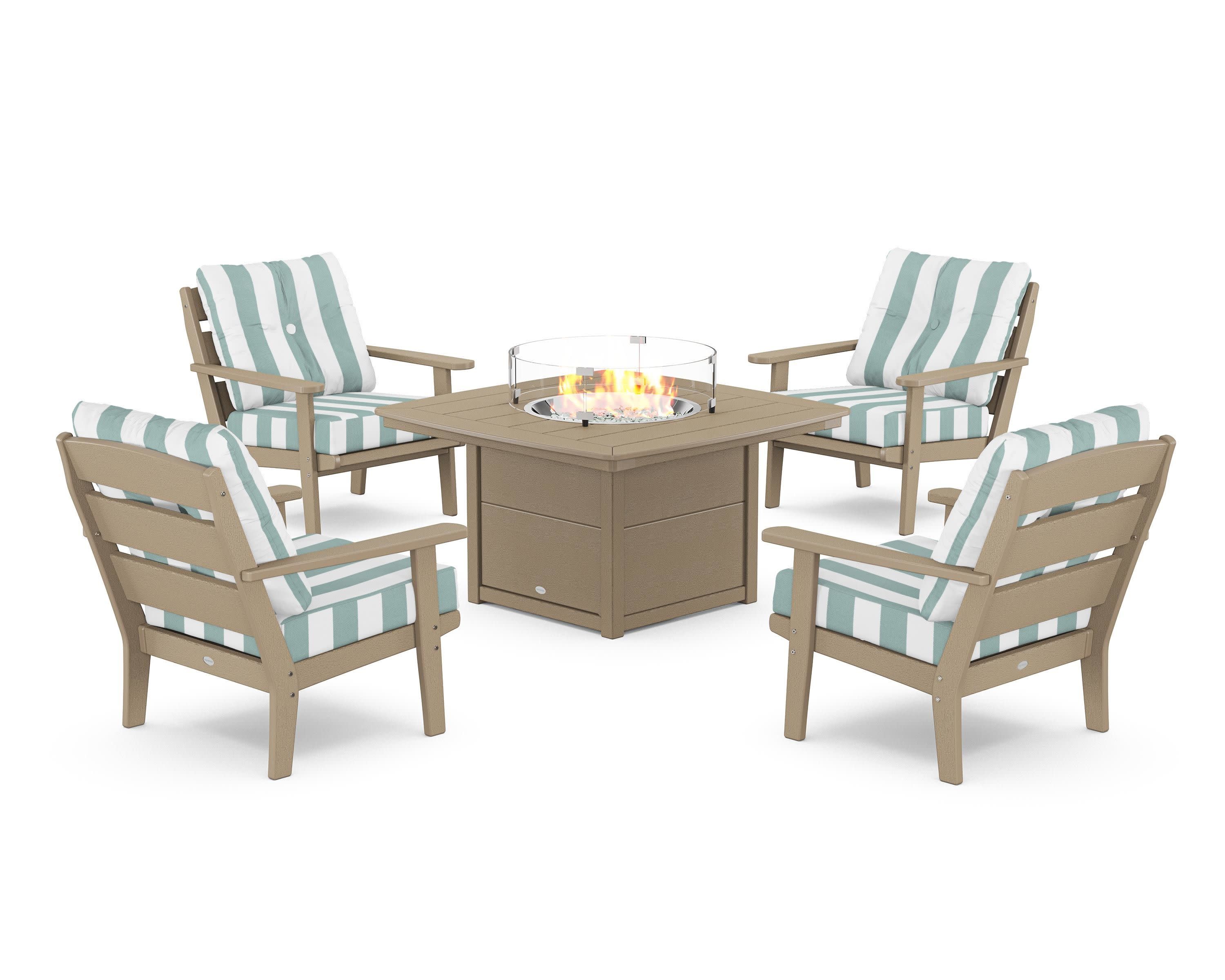 Lakeside 5-Piece Deep Seating Set with Nautical Fire Pit Table in Vintage Sahara / Cabana Stripe Glacier Spa