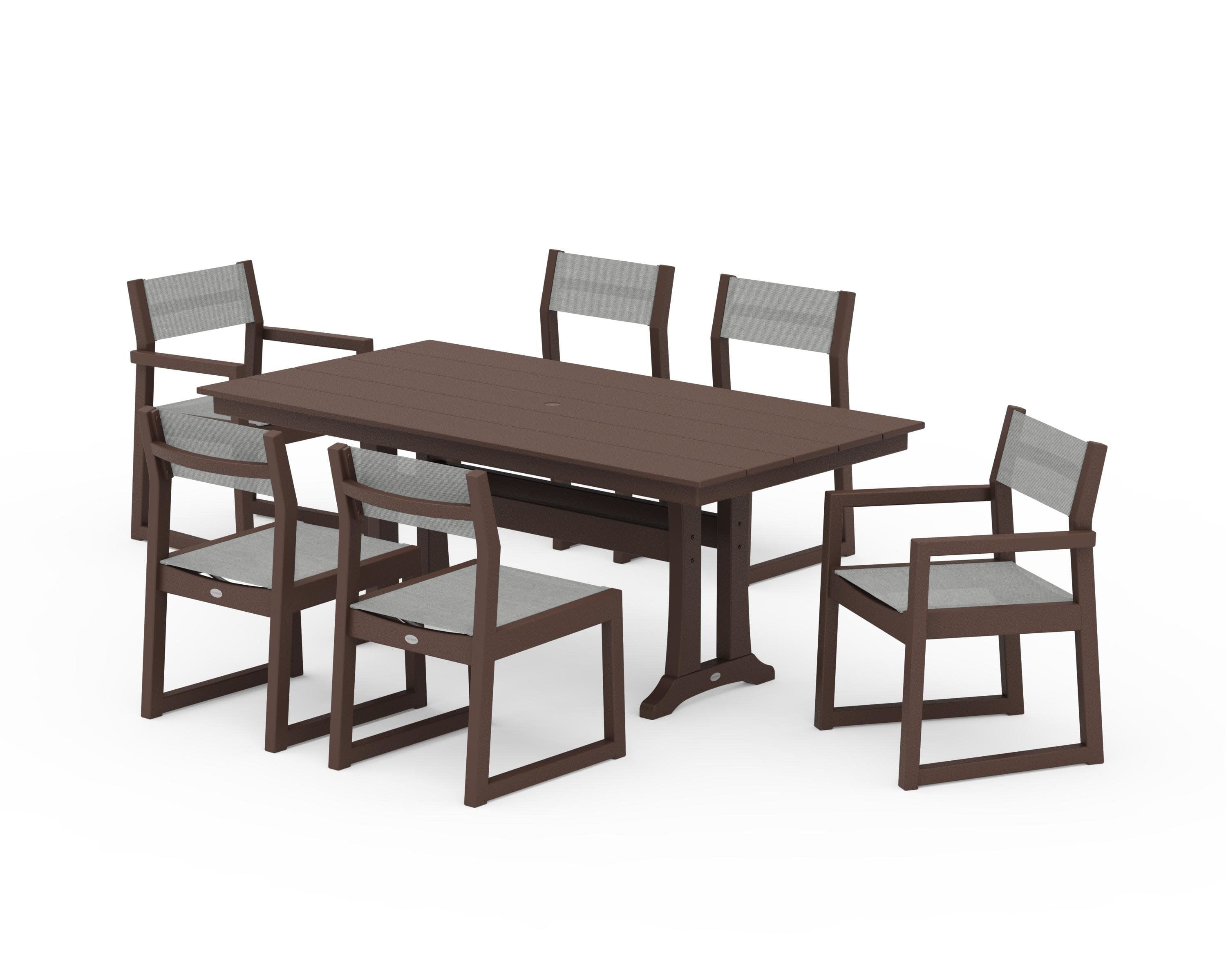 EDGE Sling 7-Piece Farmhouse Trestle Dining Set in Mahogany / Metallic Sling