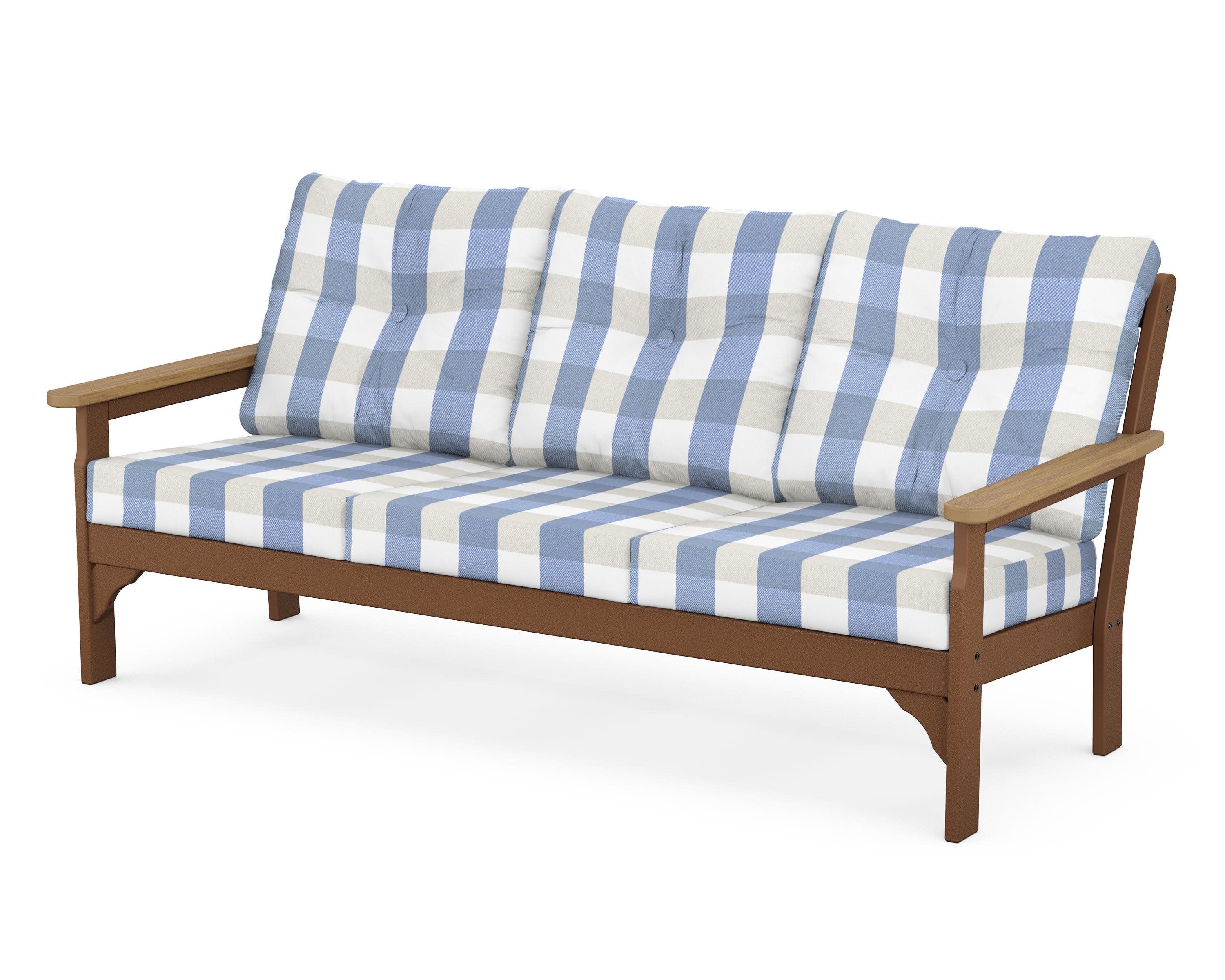 Vineyard Deep Seating Sofa in Teak / Natural / Buffalo Plaid Sky Blue