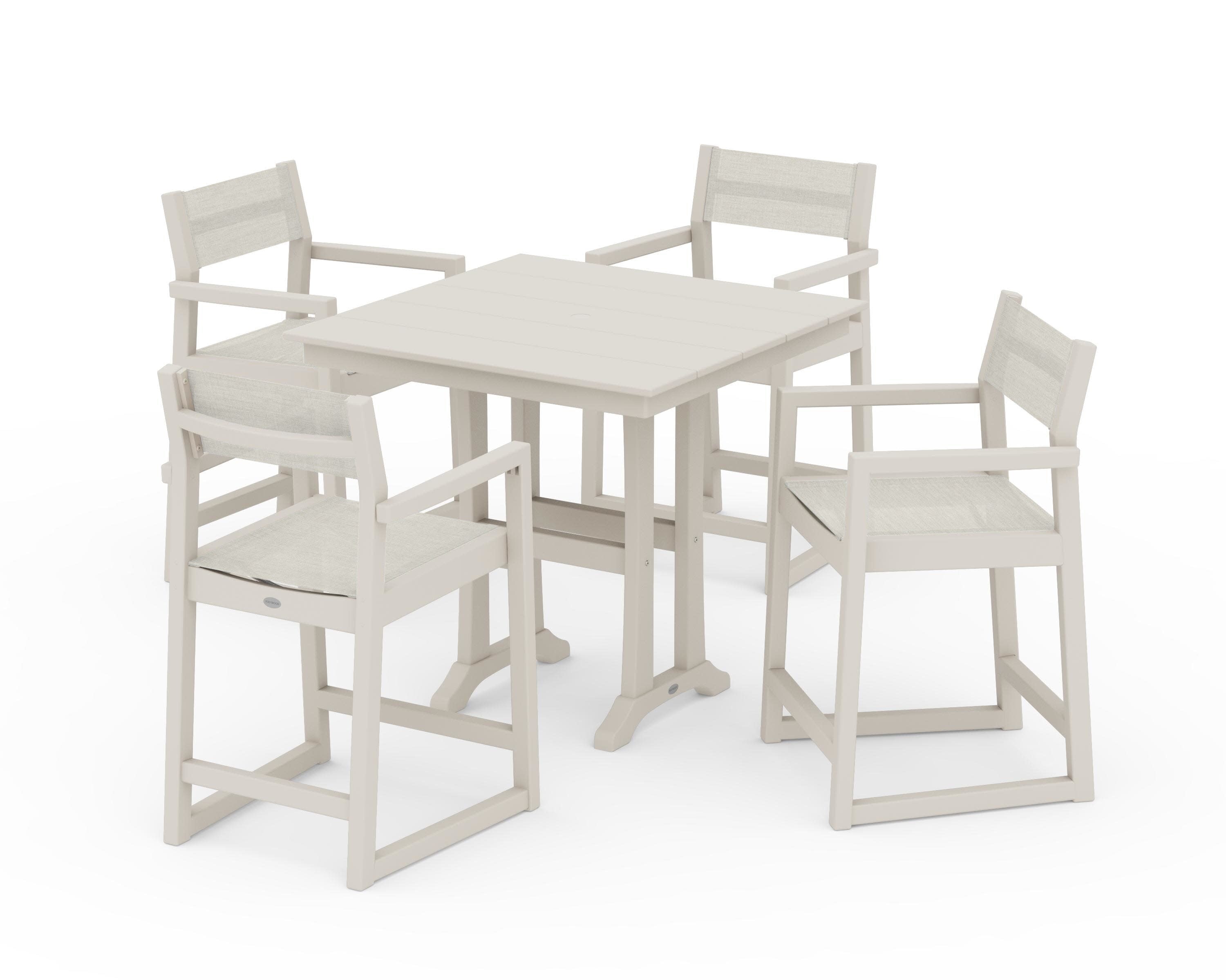 EDGE Sling Arm Chair 5-Piece Farmhouse Counter Set with Trestle Legs in Sand / Parchment Sling