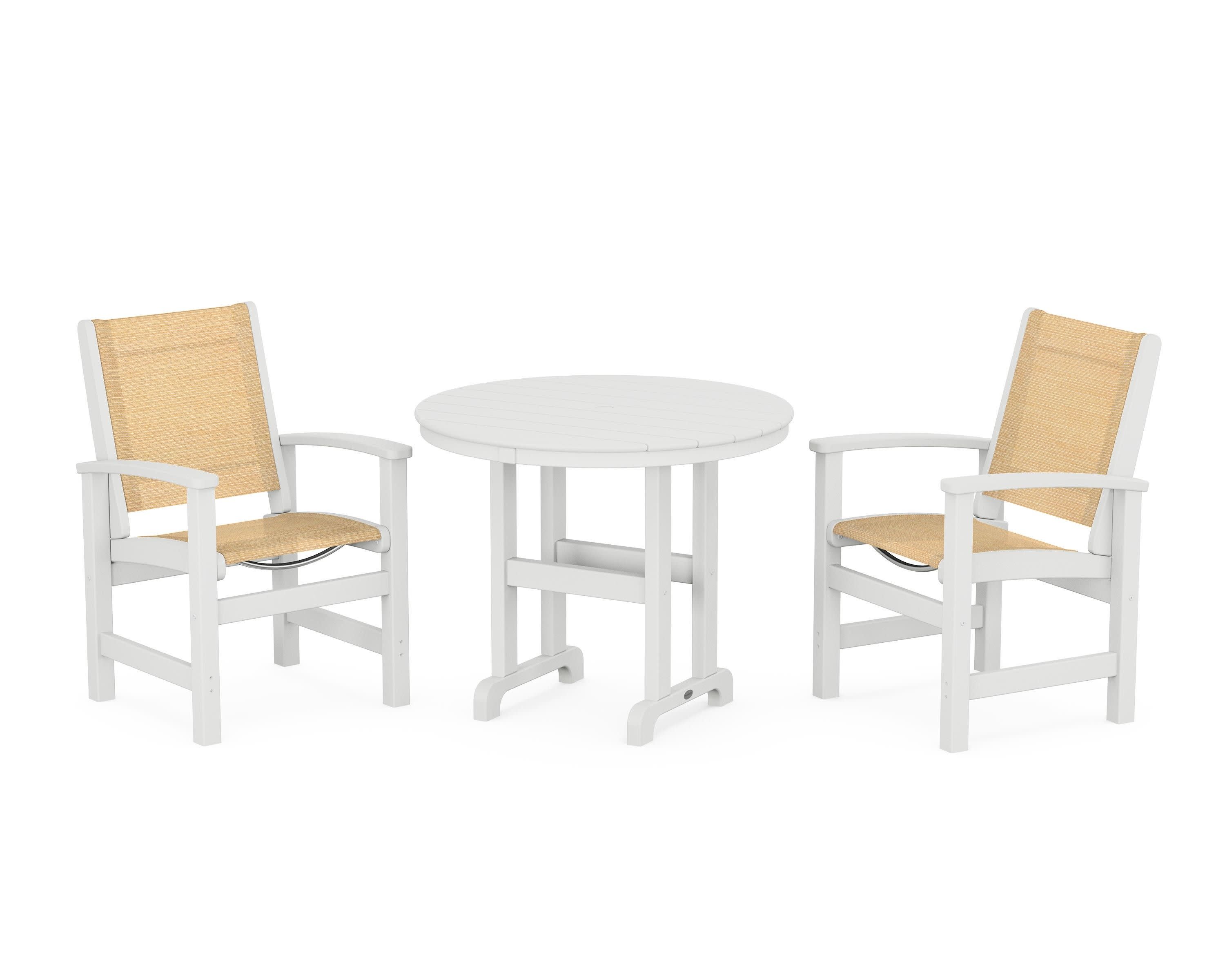 Coastal 3-Piece Round Dining Set in White / Dupioni Apricot Sling